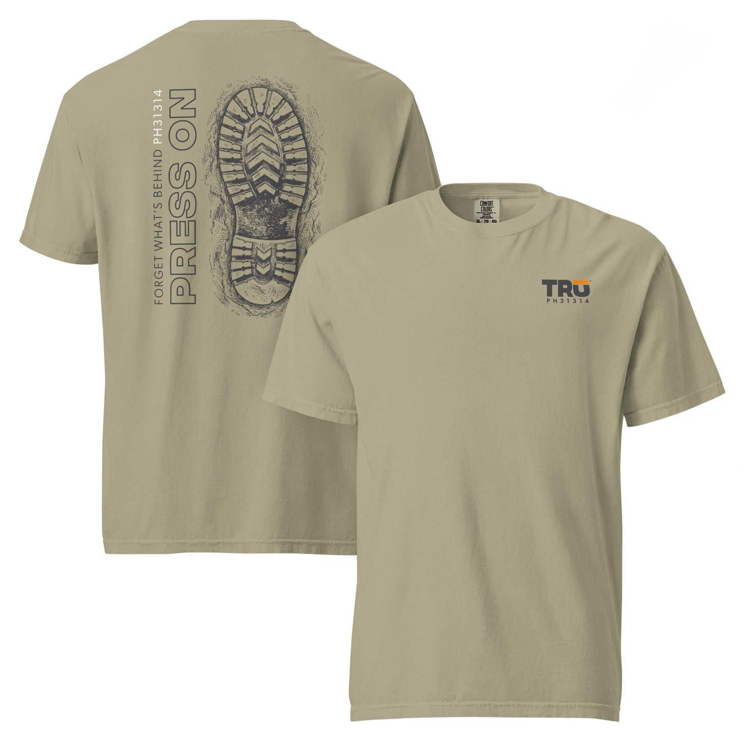 Khaki Press On Garment Dyed Tee front and back — Christian men’s Scripture tee on Comfort Colors, Philippians 3:13-14 (PH31314)