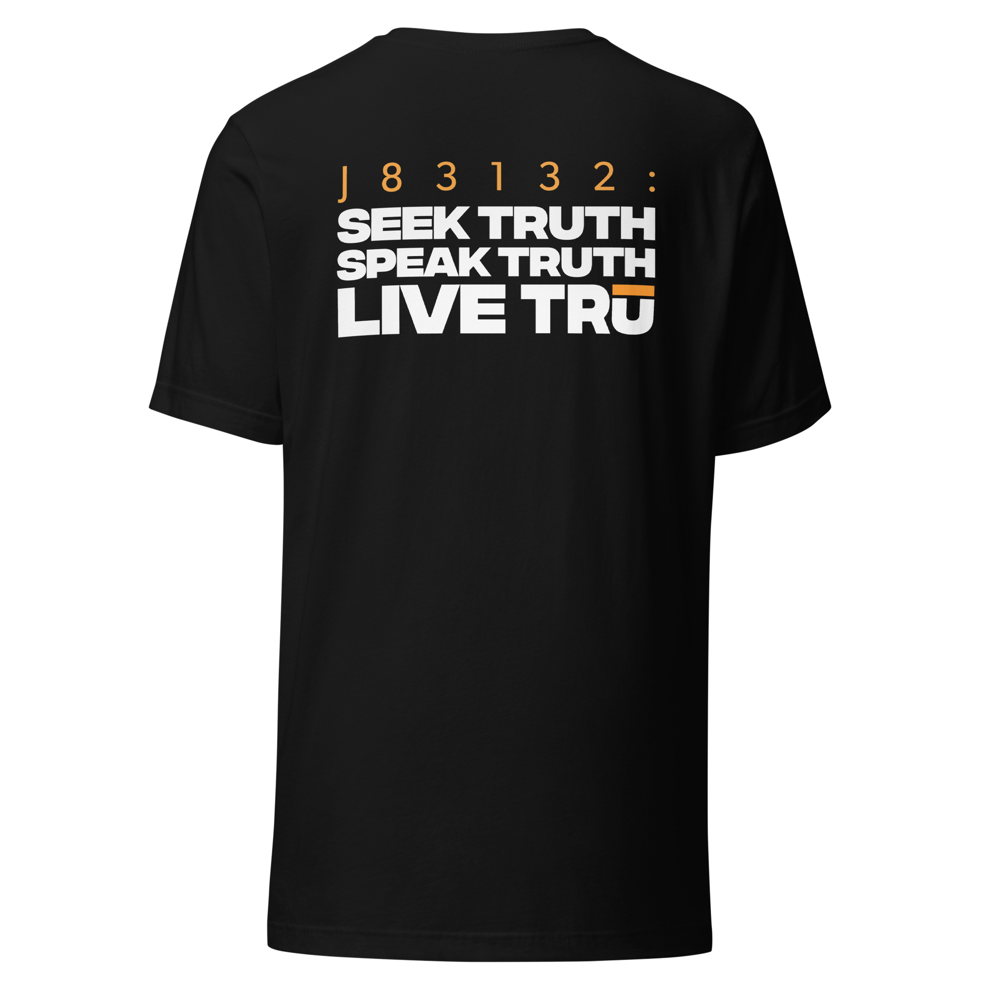 Men's Christian verse-code tee in black — Seek Speak Live, John 8:31-32 (J83132) | TRŪ Wear