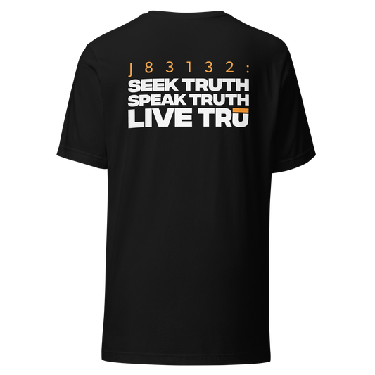 Men's Christian verse-code tee in black — Seek Speak Live, John 8:31-32 (J83132) | TRŪ Wear