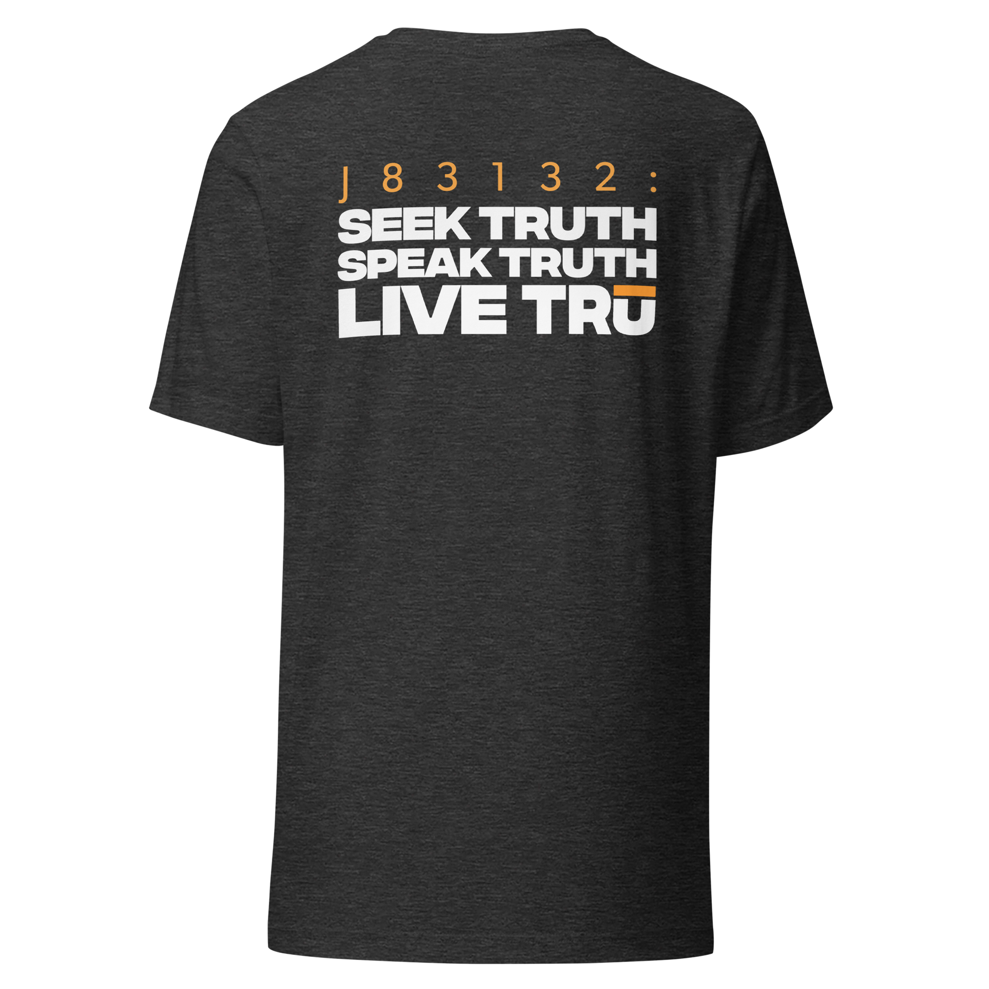 Men's Christian verse-code tee in dark grey heather — Seek Speak Live, John 8:31-32 (J83132) | TRŪ Wear