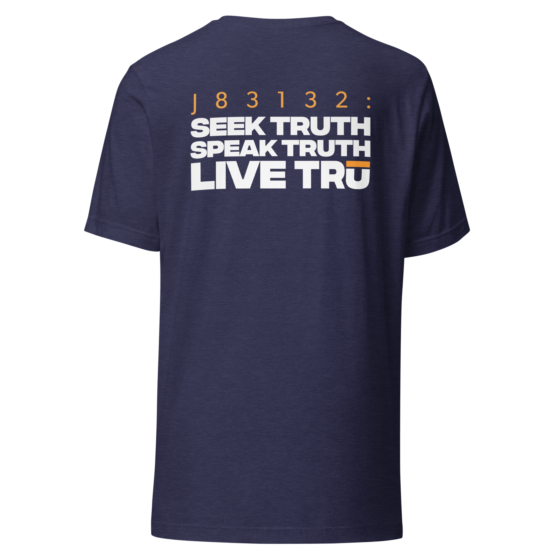 Men's Christian verse-code tee in heather navy — Seek Speak Live, John 8:31-32 (J83132) | TRŪ Wear