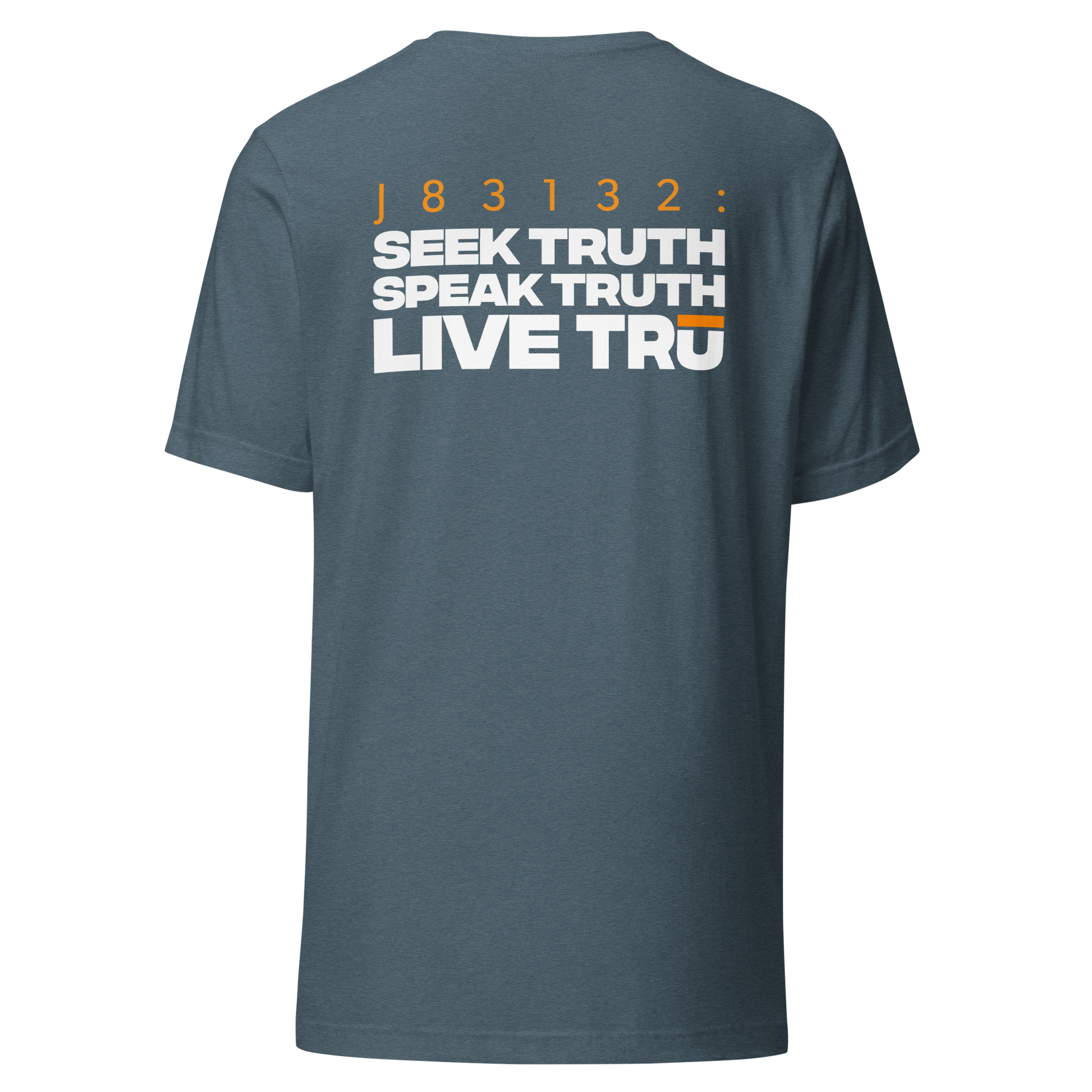 Men's Christian verse-code tee in heather slate — Seek Speak Live, John 8:31-32 (J83132) | TRŪ Wear
