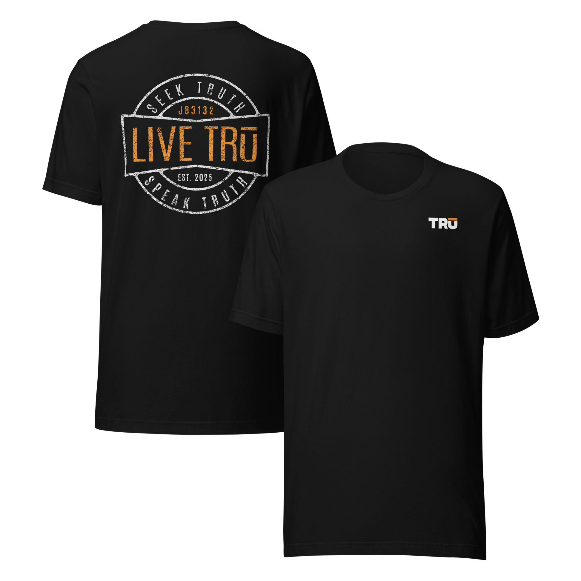 Black coded  Bible verse shirt for John 8:31-32 with Seek Speak Live on the back, logo on front