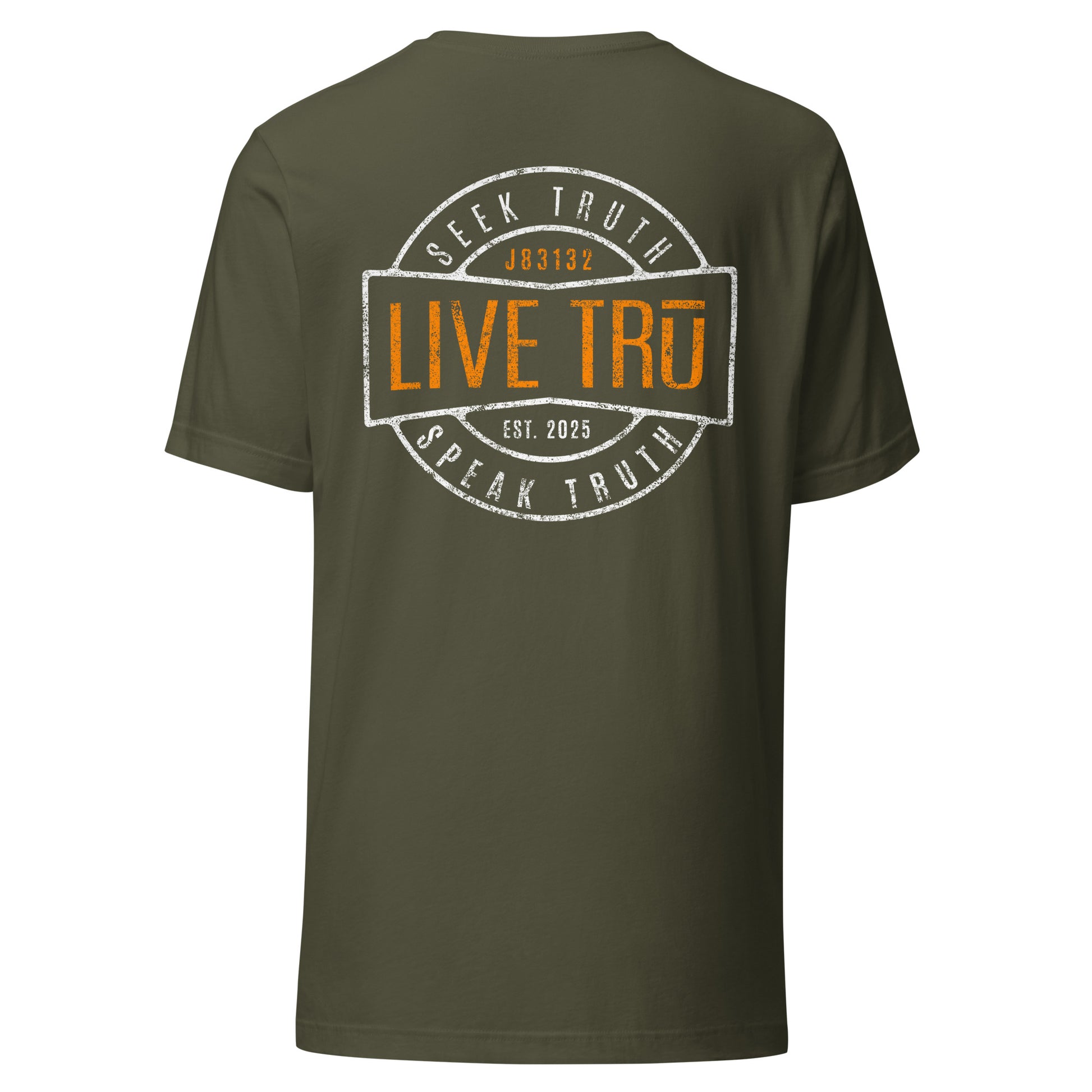 Military green men's Christian graphic tee with Seek Speak Live TRŪ badge design — John 8:31-32 (J83132)