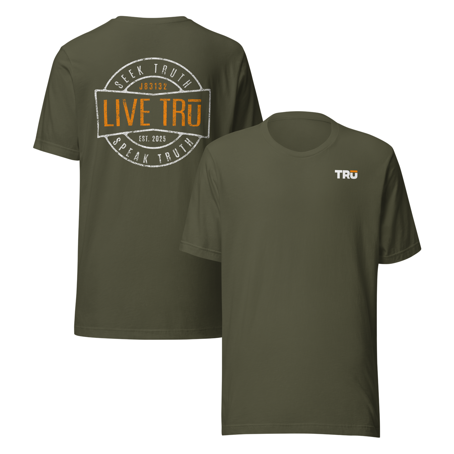 Military green coded  Bible verse shirt for John 8:31-32 with Seek Speak Live on the back, logo on front