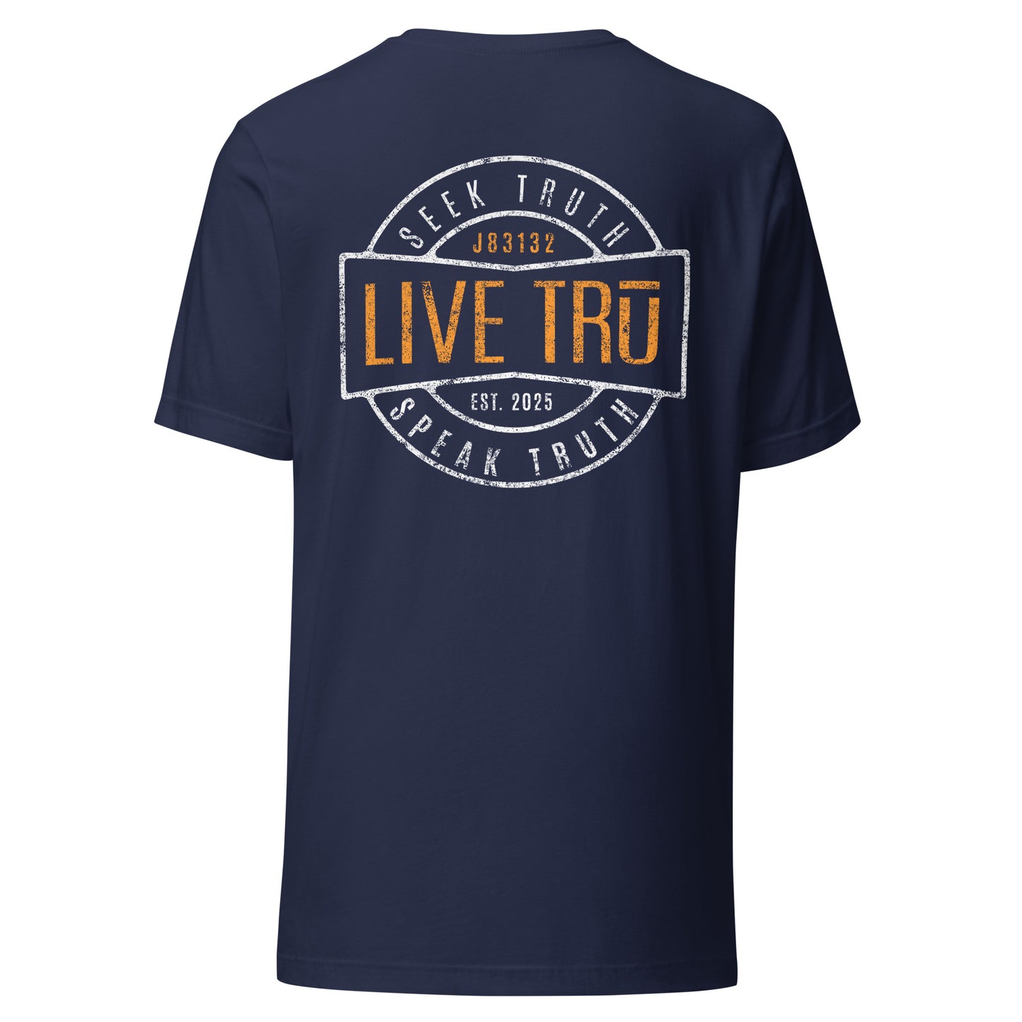 Navy blue coded  Bible verse shirt for John 8:31-32 with Seek Speak Live on the back