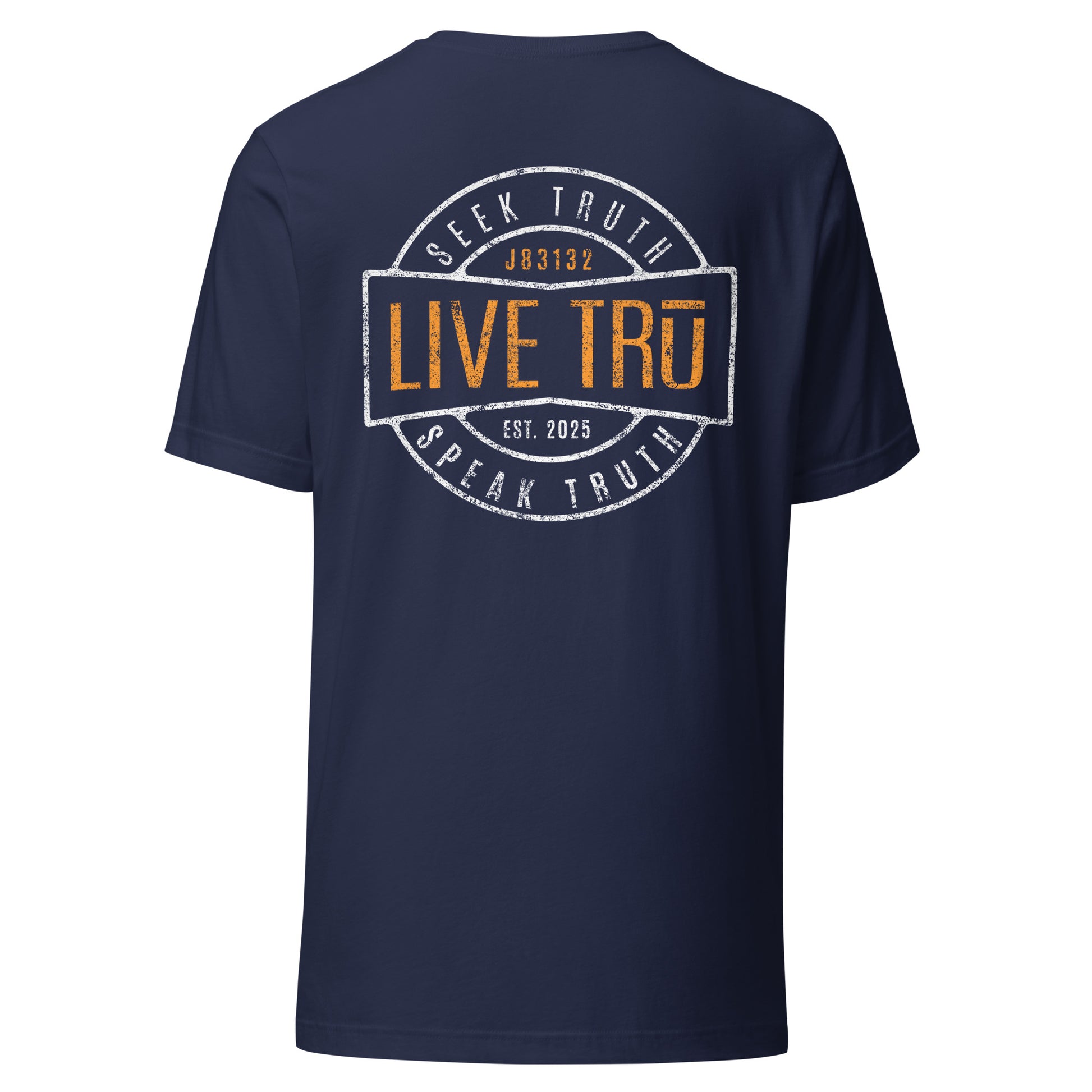 Navy men's Christian graphic tee with Seek Speak Live TRŪ badge design — John 8:31-32 (J83132)