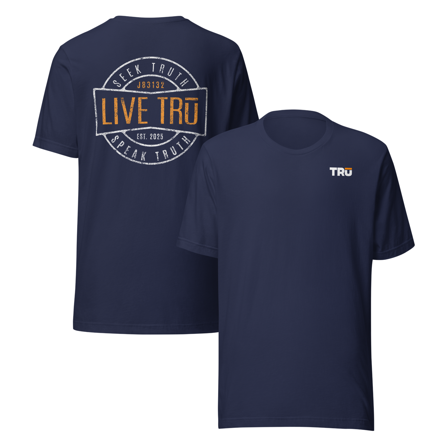 Navy blue coded  Bible verse shirt for John 8:31-32 with Seek Speak Live on the back, logo on front