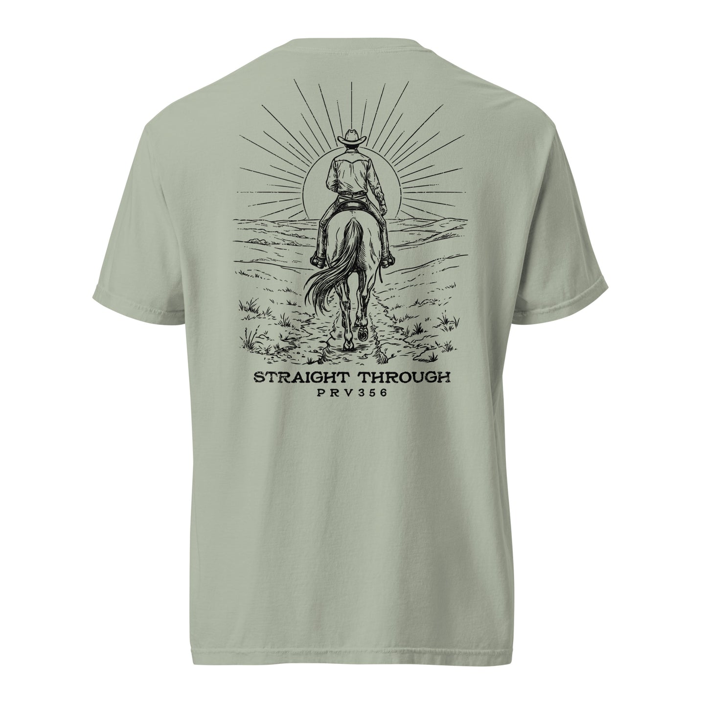
Men's Christian garment dyed tee in bay green — Straight Through cowboy graphic, Proverbs 3:5-6 (PRV356)