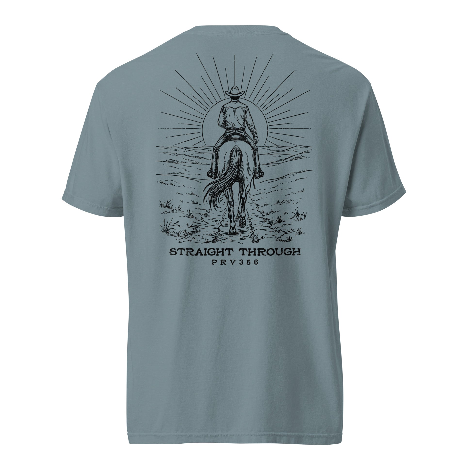 
Men's Christian garment dyed tee in ice blue — Straight Through cowboy and rising sun design, Proverbs 3:5-6 (PRV356)