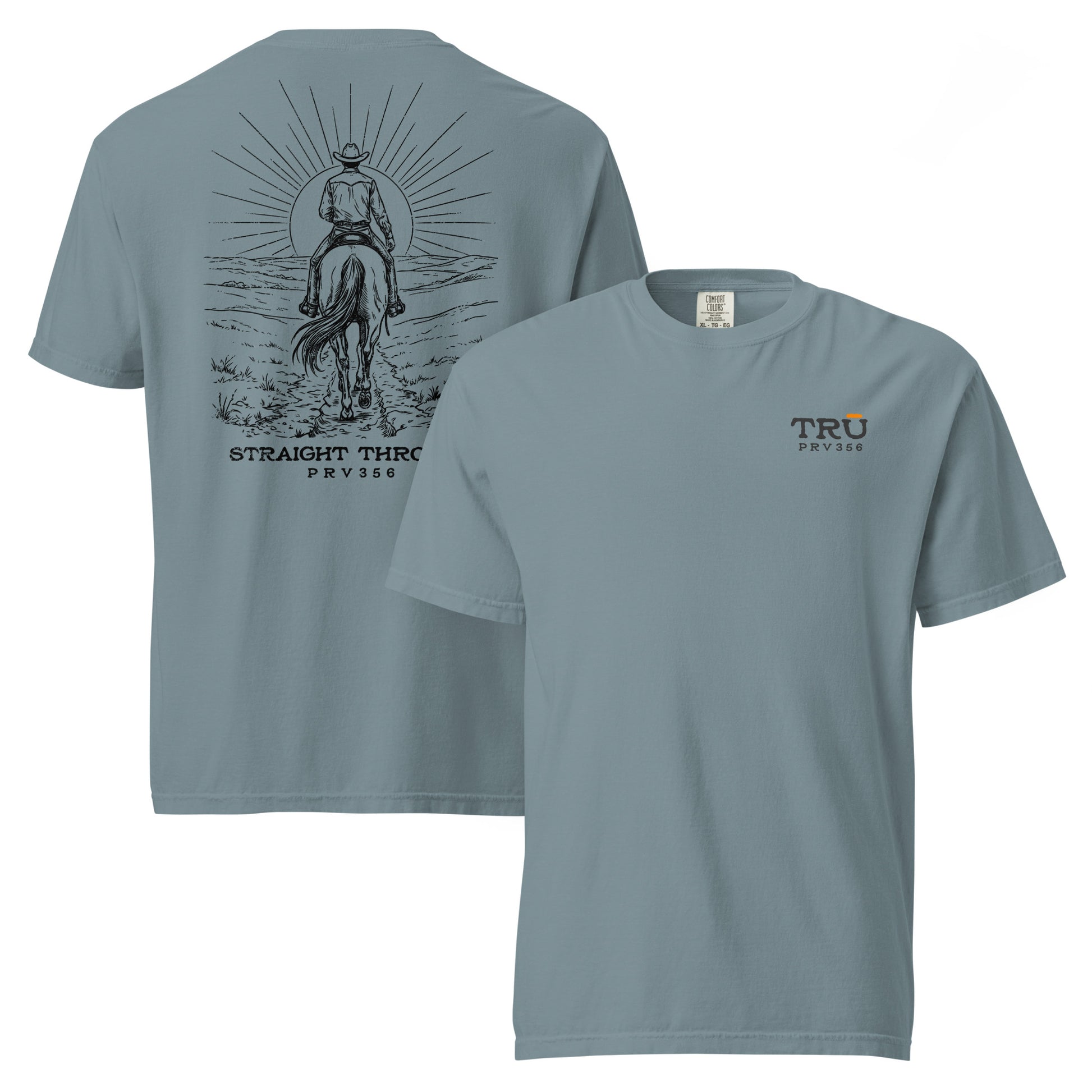 
Ice blue Straight Through Garment Dyed Tee front and back — Comfort Colors 1717 Christian men's western tee, PRV356