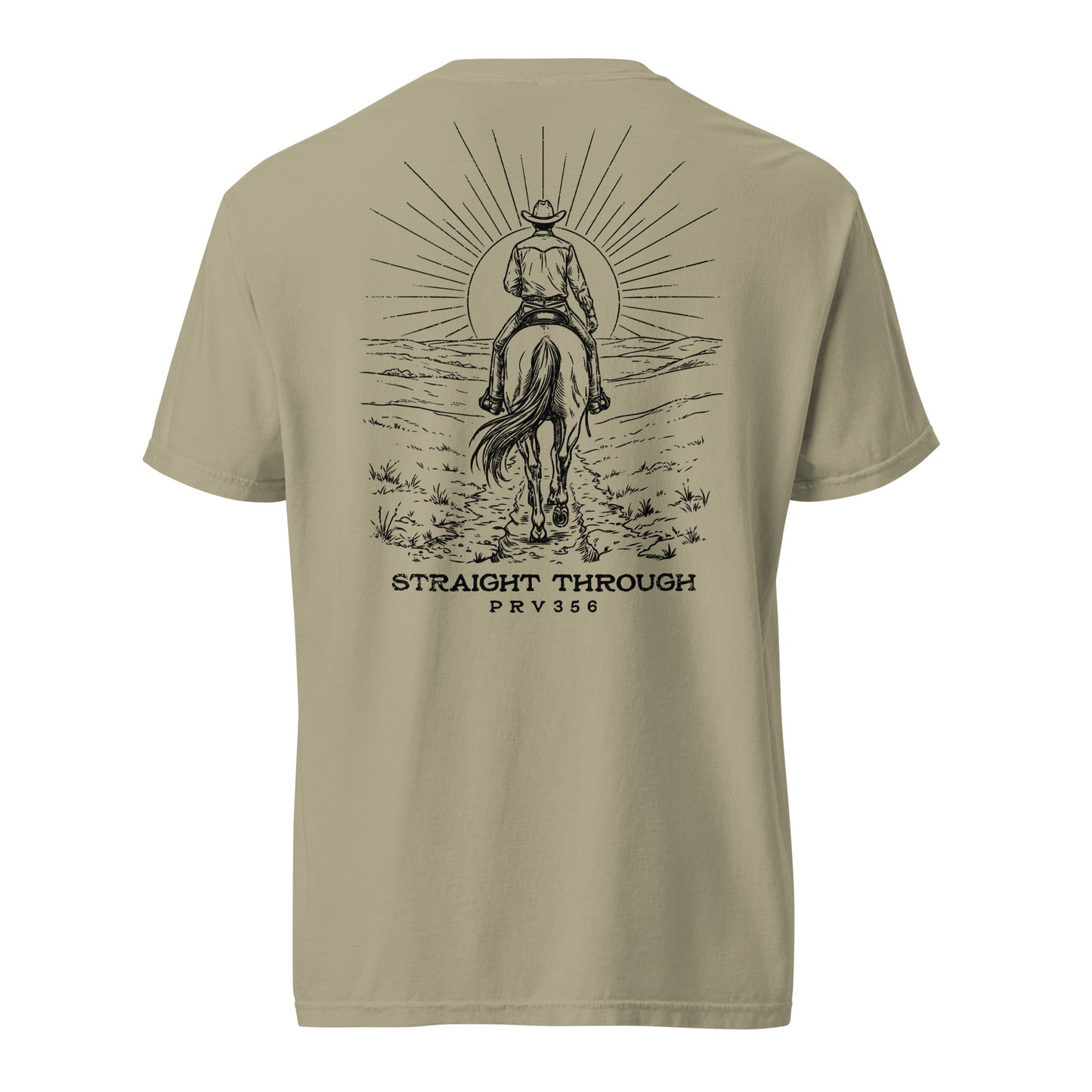 
Men's Christian garment dyed tee in khaki — Straight Through cowboy riding design, Proverbs 3:5-6 (PRV356)