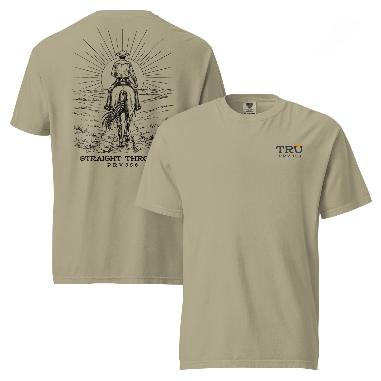 
Men's Christian garment dyed tee in khaki — Straight Through cowboy riding design, Proverbs 3:5-6 (PRV356)