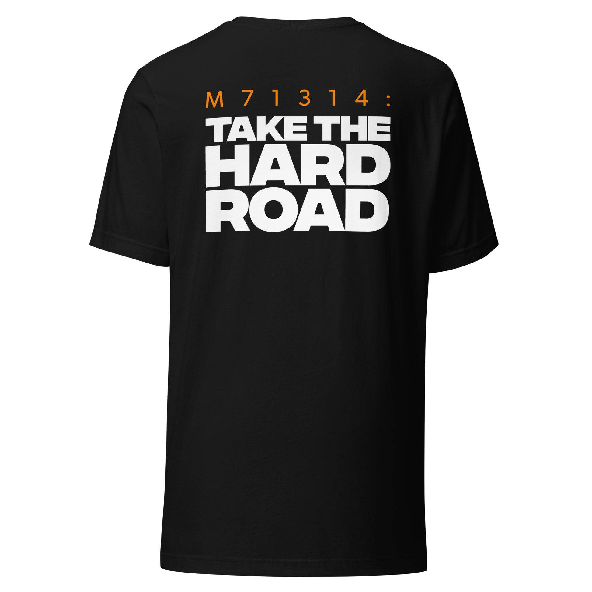 Men's Christian verse-code tee in black — The Hard Road, Matthew 7:13-14 (M71314) | TRŪ Wear