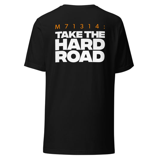 Men's Christian verse-code tee in black — The Hard Road, Matthew 7:13-14 (M71314) | TRŪ Wear