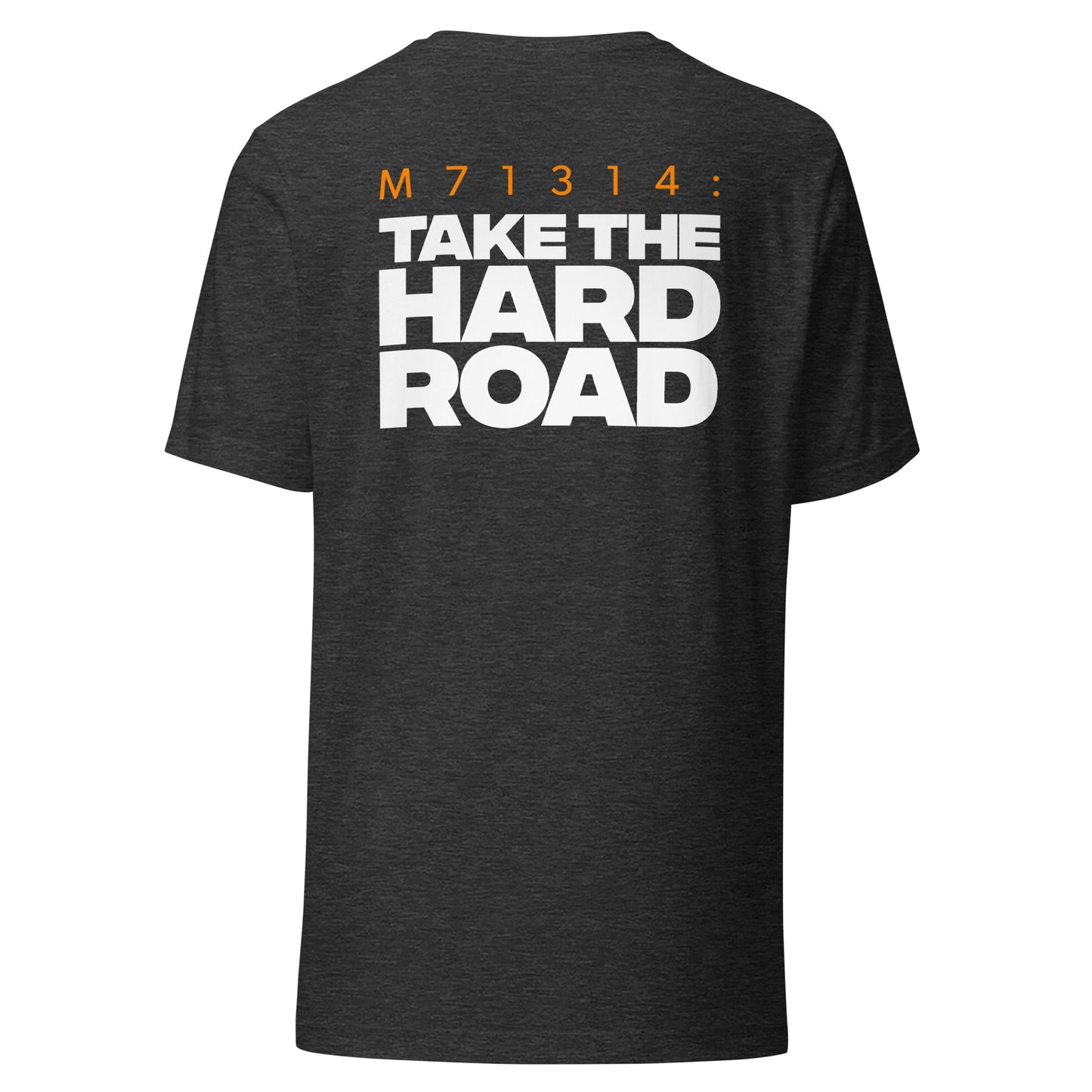 Men's Christian verse-code tee in dark grey heather — The Hard Road, Matthew 7:13-14 (M71314) | TRŪ Wear
