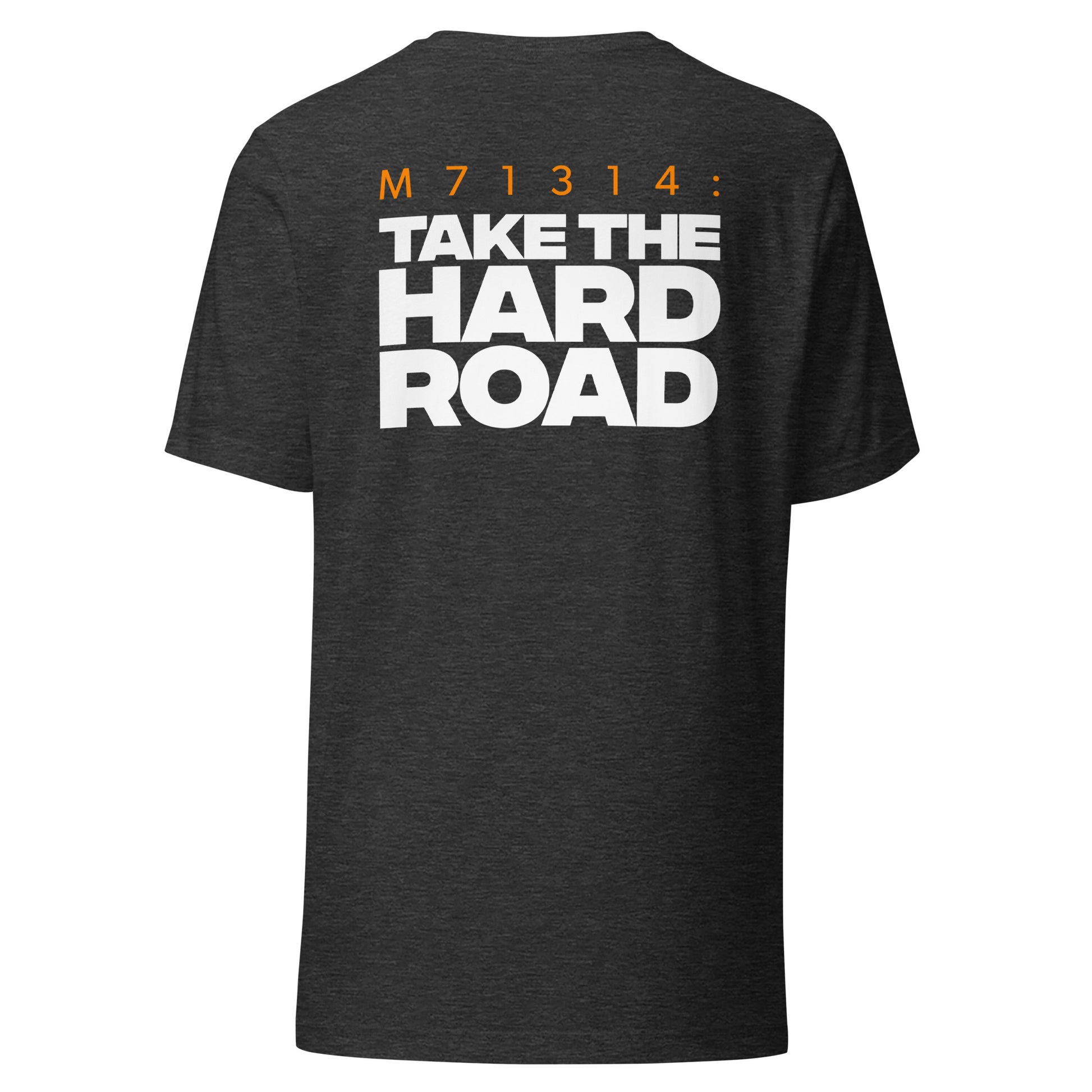 Men's Christian verse-code tee in dark grey heather — The Hard Road, Matthew 7:13-14 (M71314) | TRŪ Wear