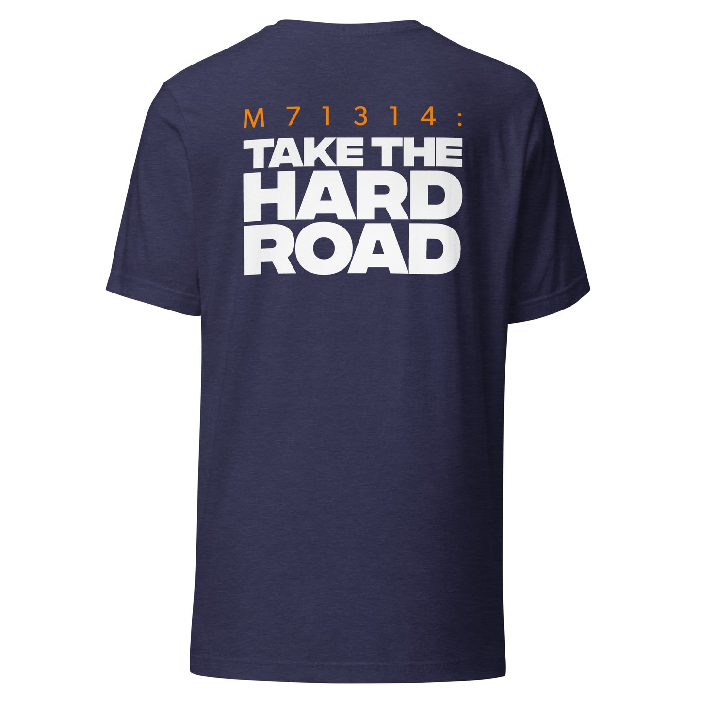 Men's Christian verse-code tee in heather navy — The Hard Road, Matthew 7:13-14 (M71314) | TRŪ Wear
