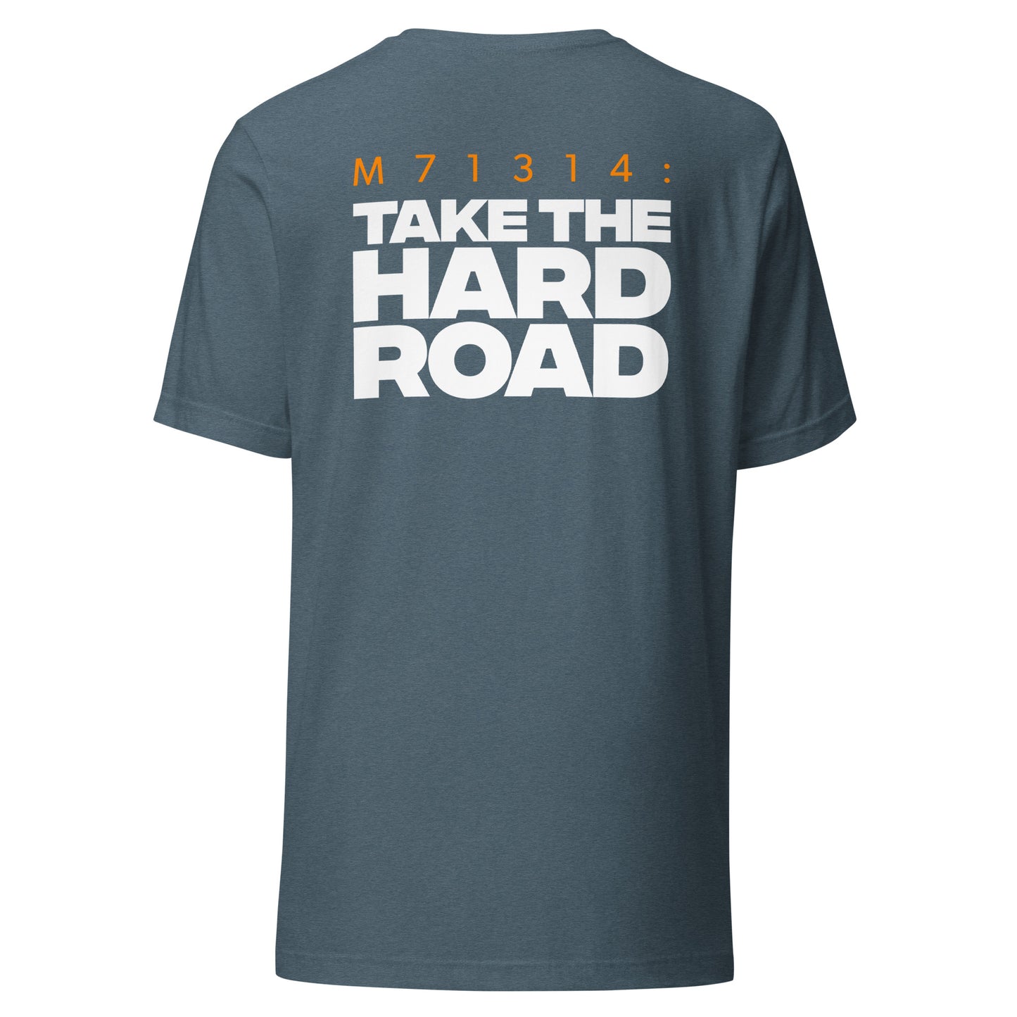 Men's Christian verse-code tee in heather slate — The Hard Road, Matthew 7:13-14 (M71314) | TRŪ Wear