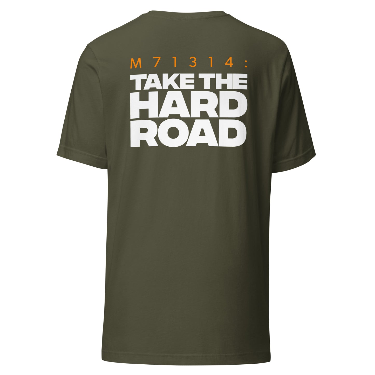 Men's Christian verse-code tee in military green — The Hard Road, Matthew 7:13-14 (M71314) | TRŪ Wear