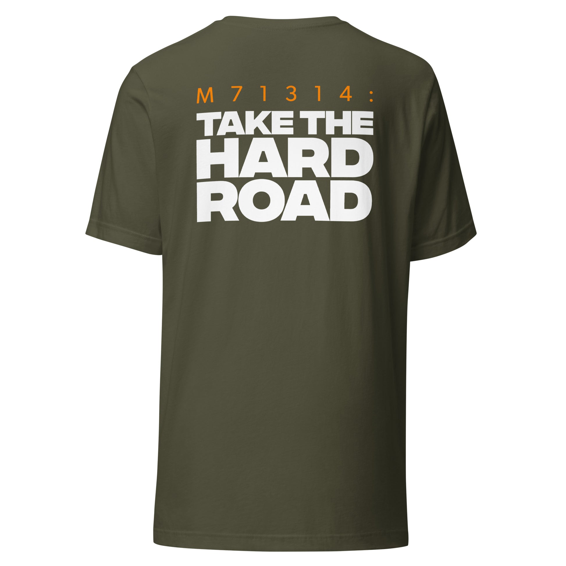 Men's Christian verse-code tee in military green — The Hard Road, Matthew 7:13-14 (M71314) | TRŪ Wear