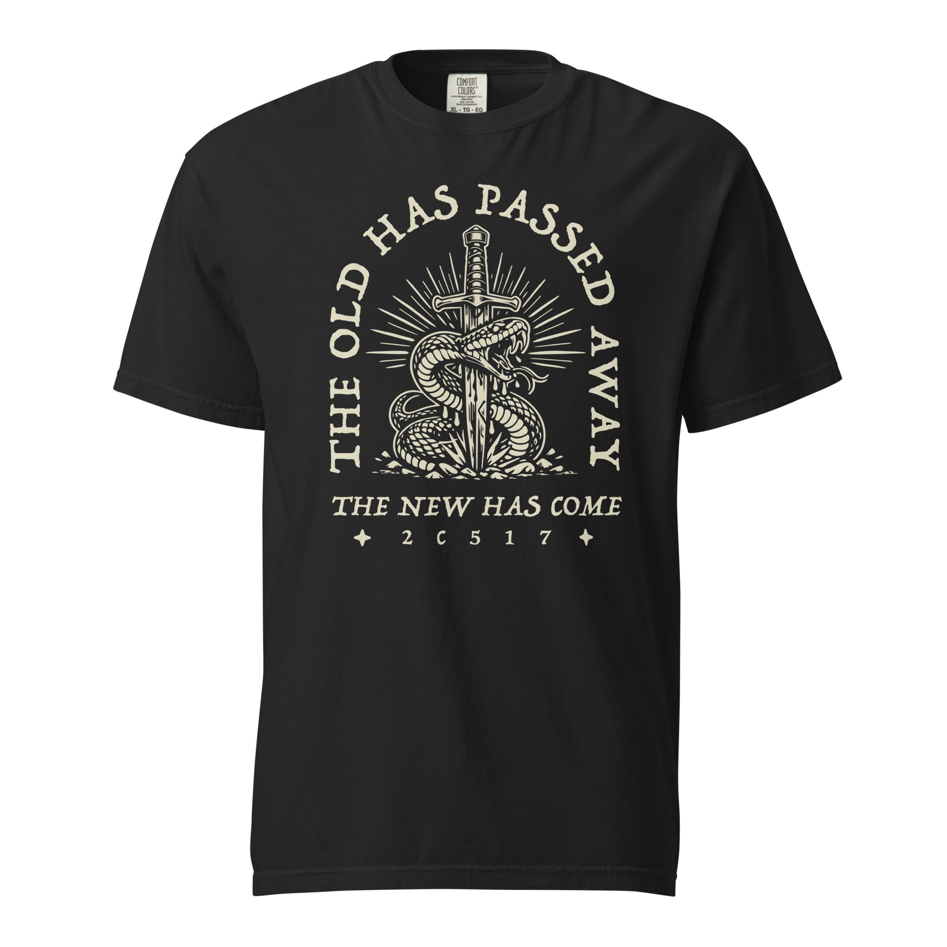 TRŪ Wear The Old Has Passed Away heavyweight garment dyed men's Christian tee, front print, black, verse code 2C517 for 2 Corinthians 5:17