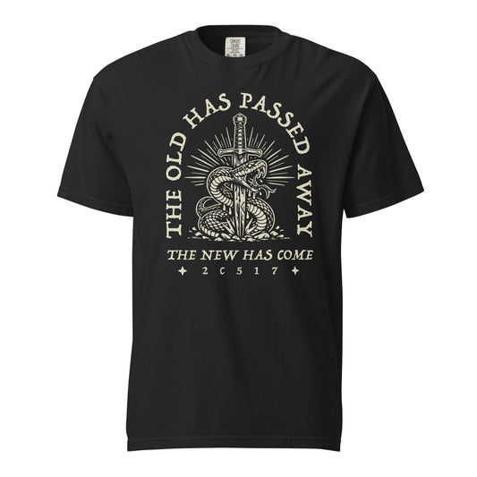 TRŪ Wear The Old Has Passed Away heavyweight garment dyed men's Christian tee, front print, black, verse code 2C517 for 2 Corinthians 5:17