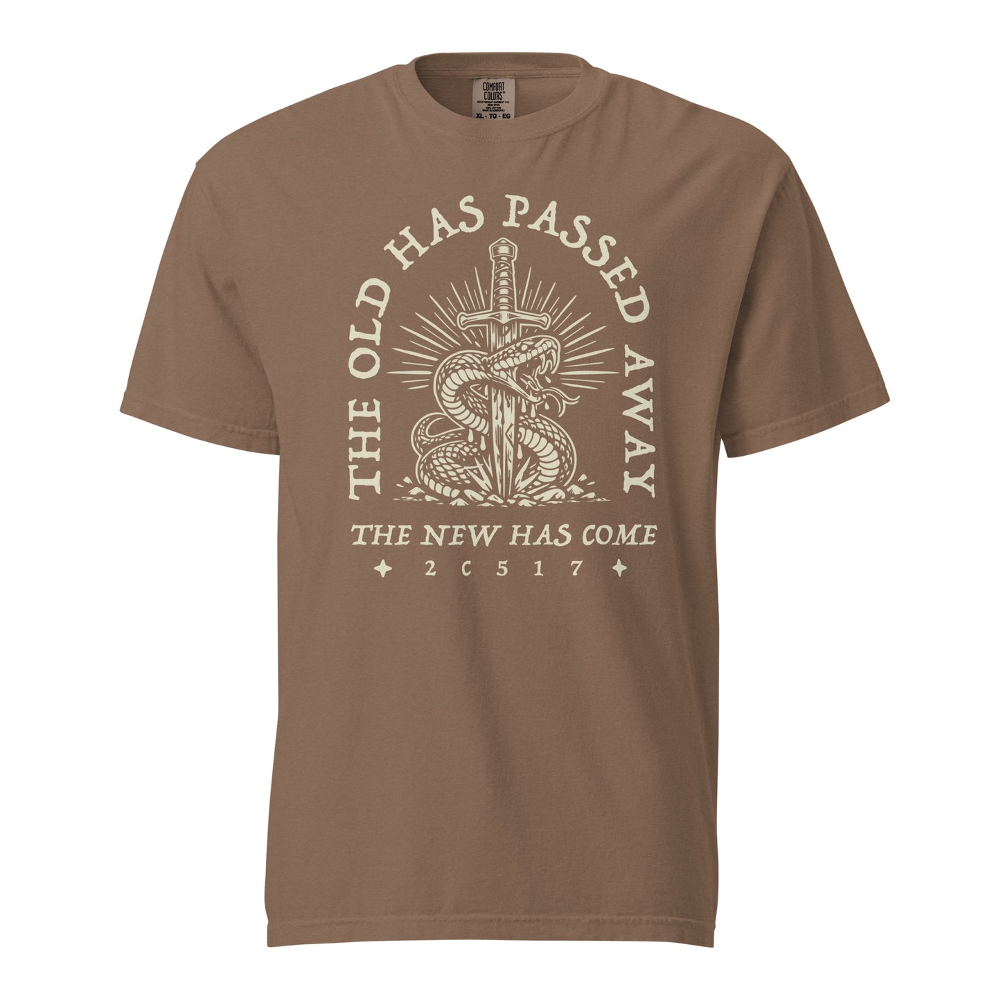 TRŪ Wear The Old Has Passed Away heavyweight garment dyed men's Christian tee, front print, espresso brown, verse code 2C517 for 2 Corinthians 5:17