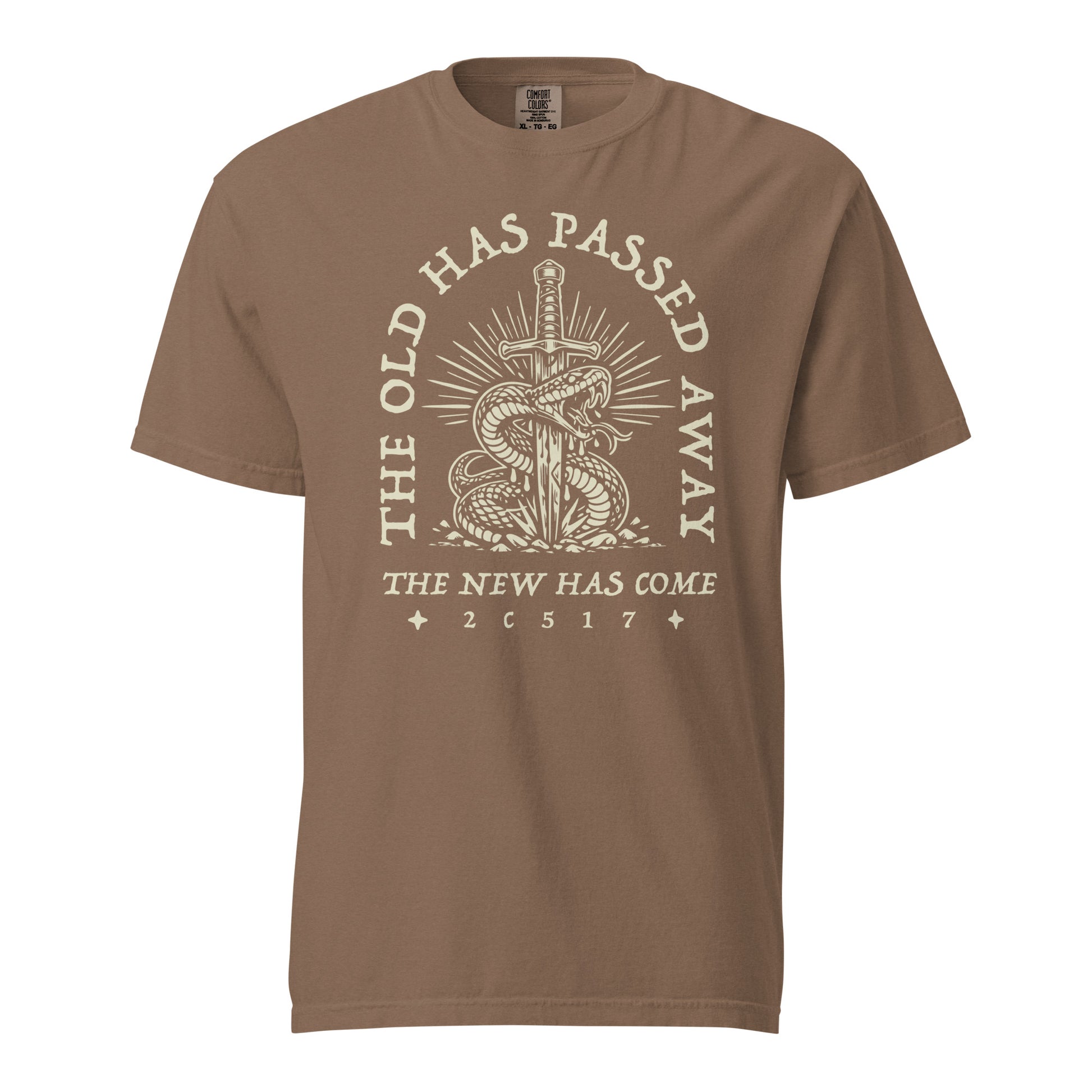 TRŪ Wear The Old Has Passed Away heavyweight garment dyed men's Christian tee, front print, espresso brown, verse code 2C517 for 2 Corinthians 5:17
