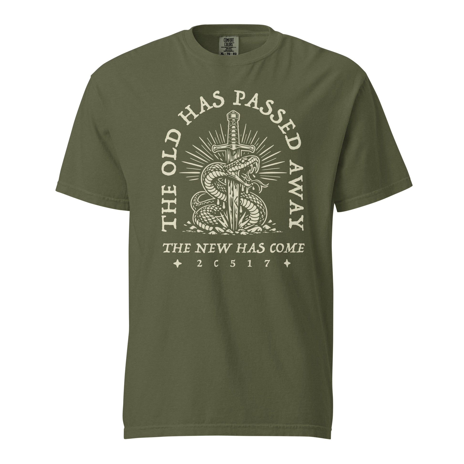 TRŪ Wear The Old Has Passed Away heavyweight garment dyed men's Christian tee, front print, hemp green, verse code 2C517 for 2 Corinthians 5:17
