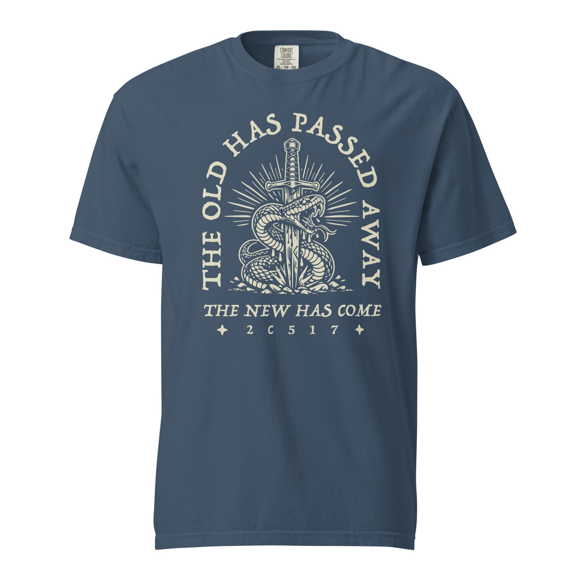 TRŪ Wear The Old Has Passed Away heavyweight garment dyed men's Christian tee, front print, midnight blue, verse code 2C517 for 2 Corinthians 5:17