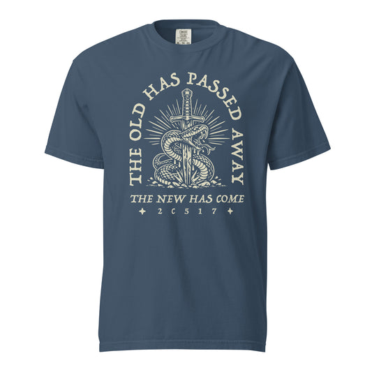 TRŪ Wear The Old Has Passed Away heavyweight garment dyed men's Christian tee, front print, midnight blue, verse code 2C517 for 2 Corinthians 5:17