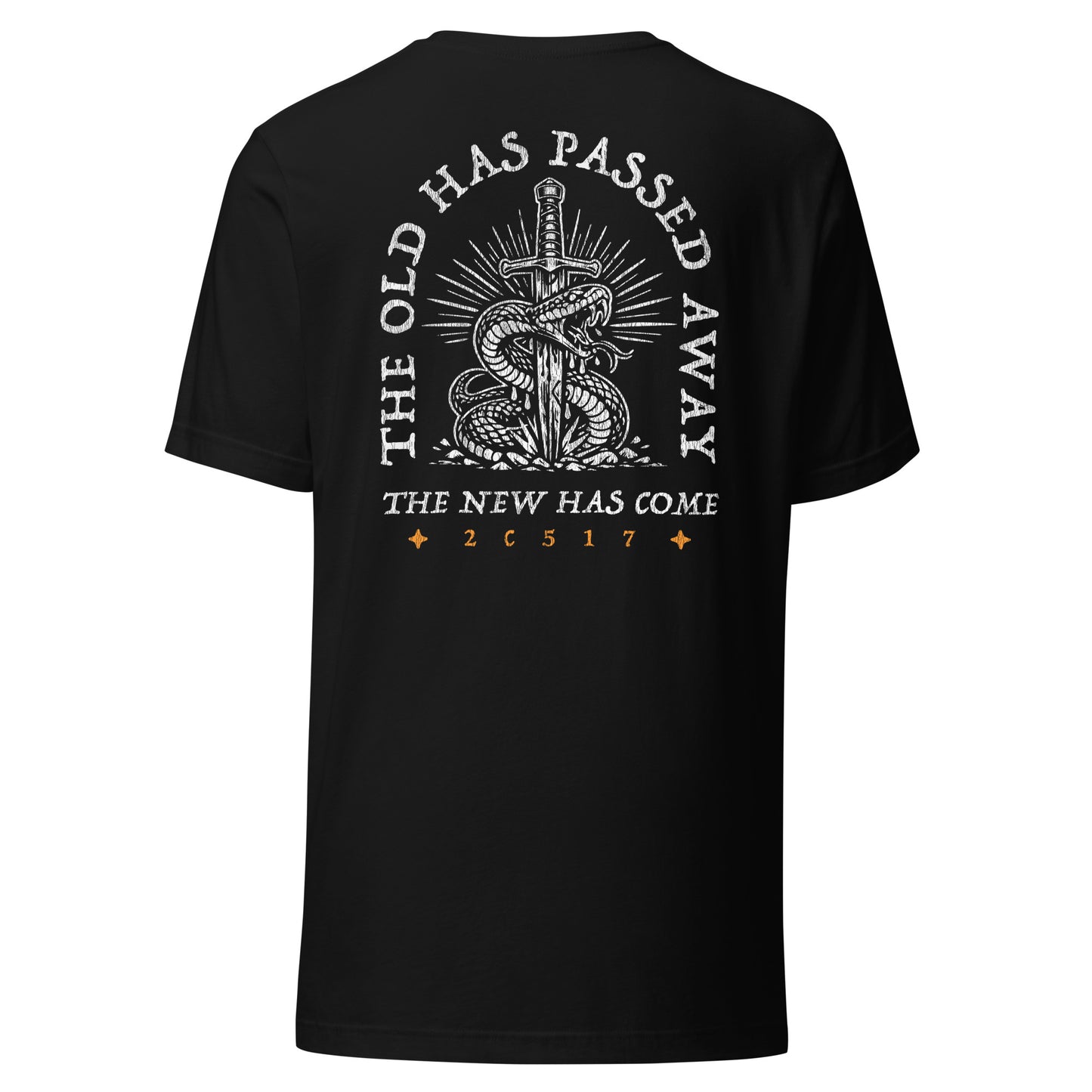 Men's Christian graphic tee in black with sword and serpent design — The Old Has Passed Away, 2 Corinthians 5:17 (2C517)