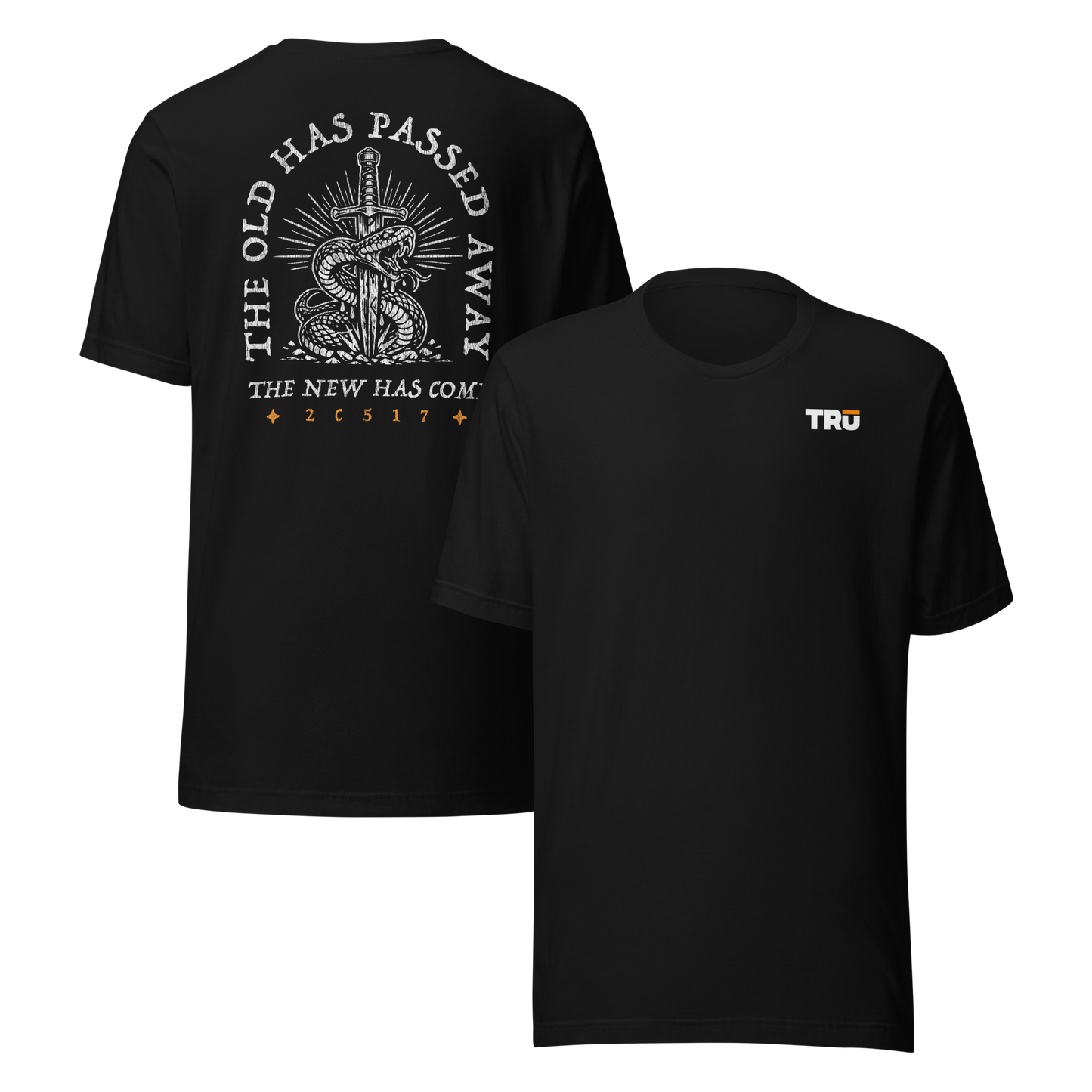 Black The Old Has Passed Away Sword Tee front and back — Christian Scripture graphic tee for men, 2C517