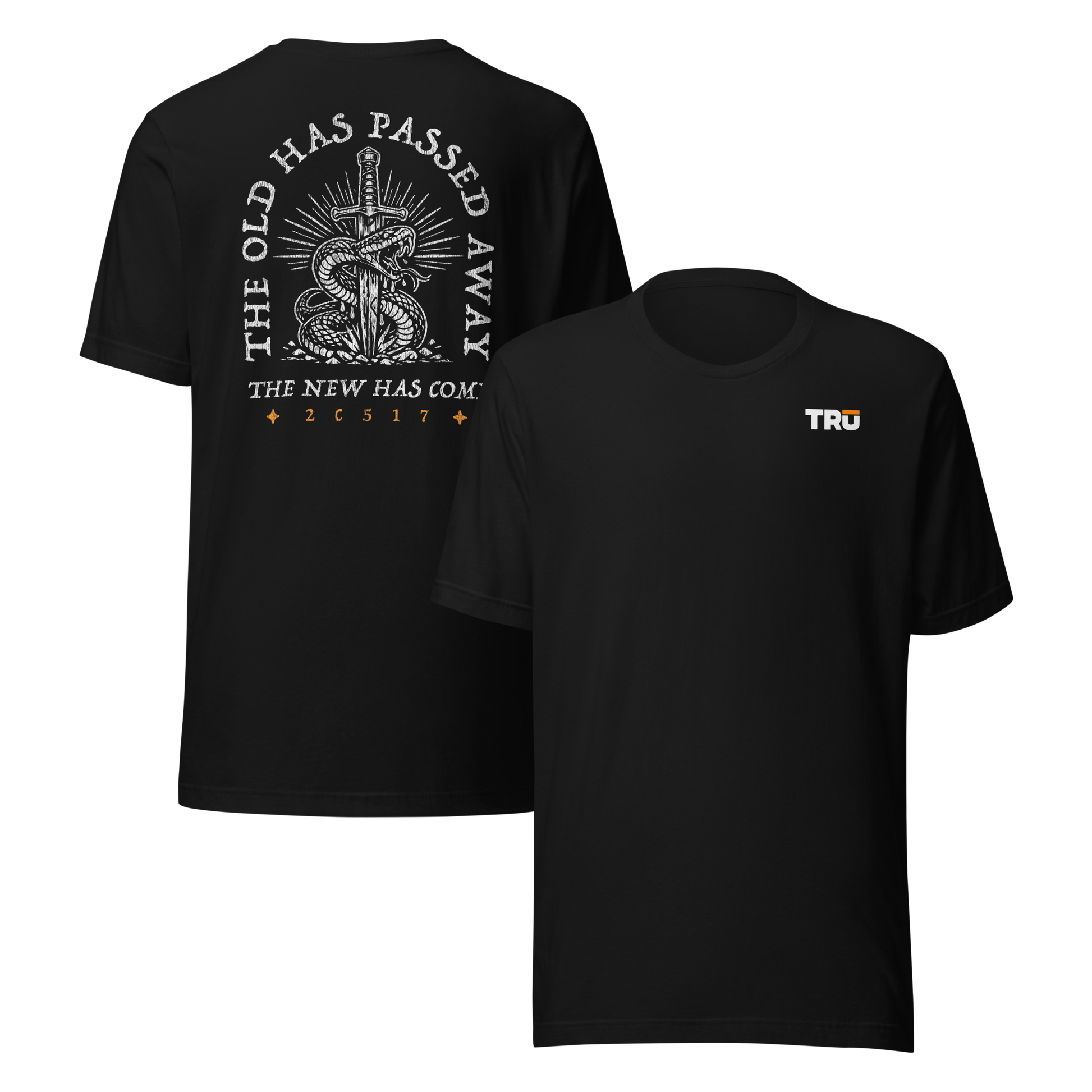 Black The Old Has Passed Away Sword Tee front and back — Christian Scripture graphic tee for men, 2C517