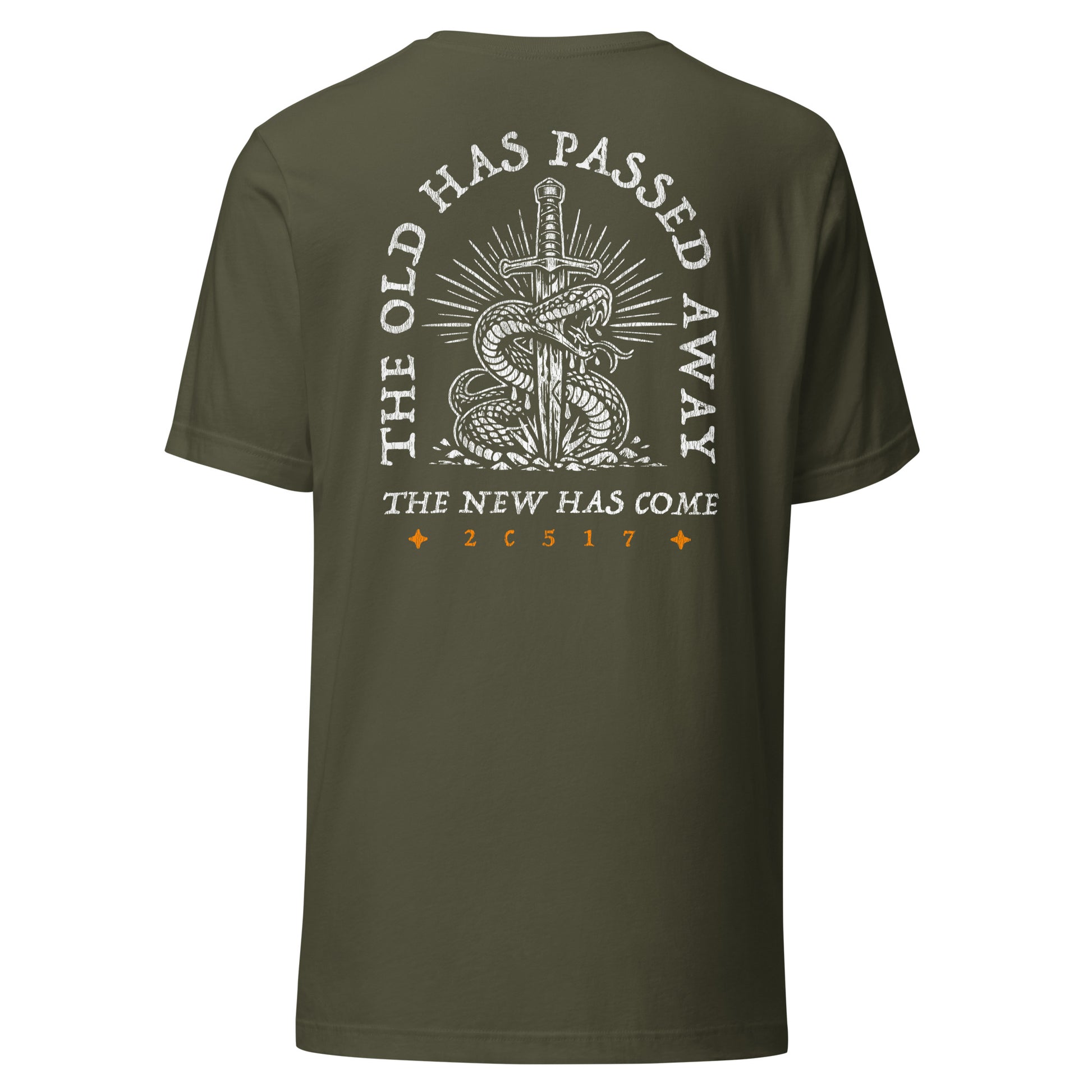 Military green men's Christian graphic tee with sword and serpent design — 2 Corinthians 5:17 (2C517)