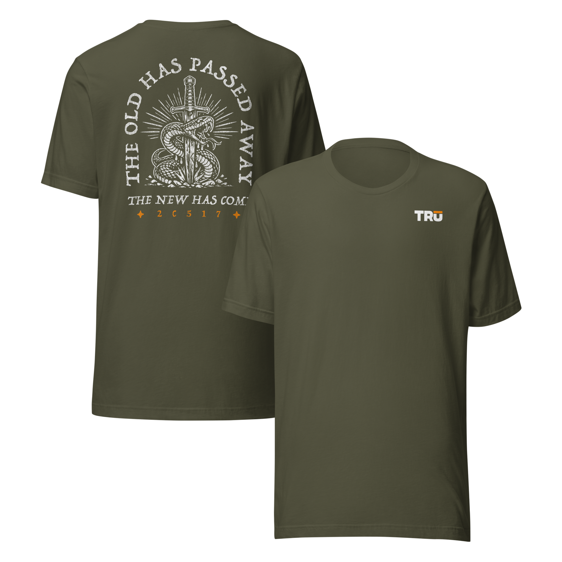 Military green The Old Has Passed Away Sword Tee front and back — Christian Scripture graphic tee for men, 2C517
