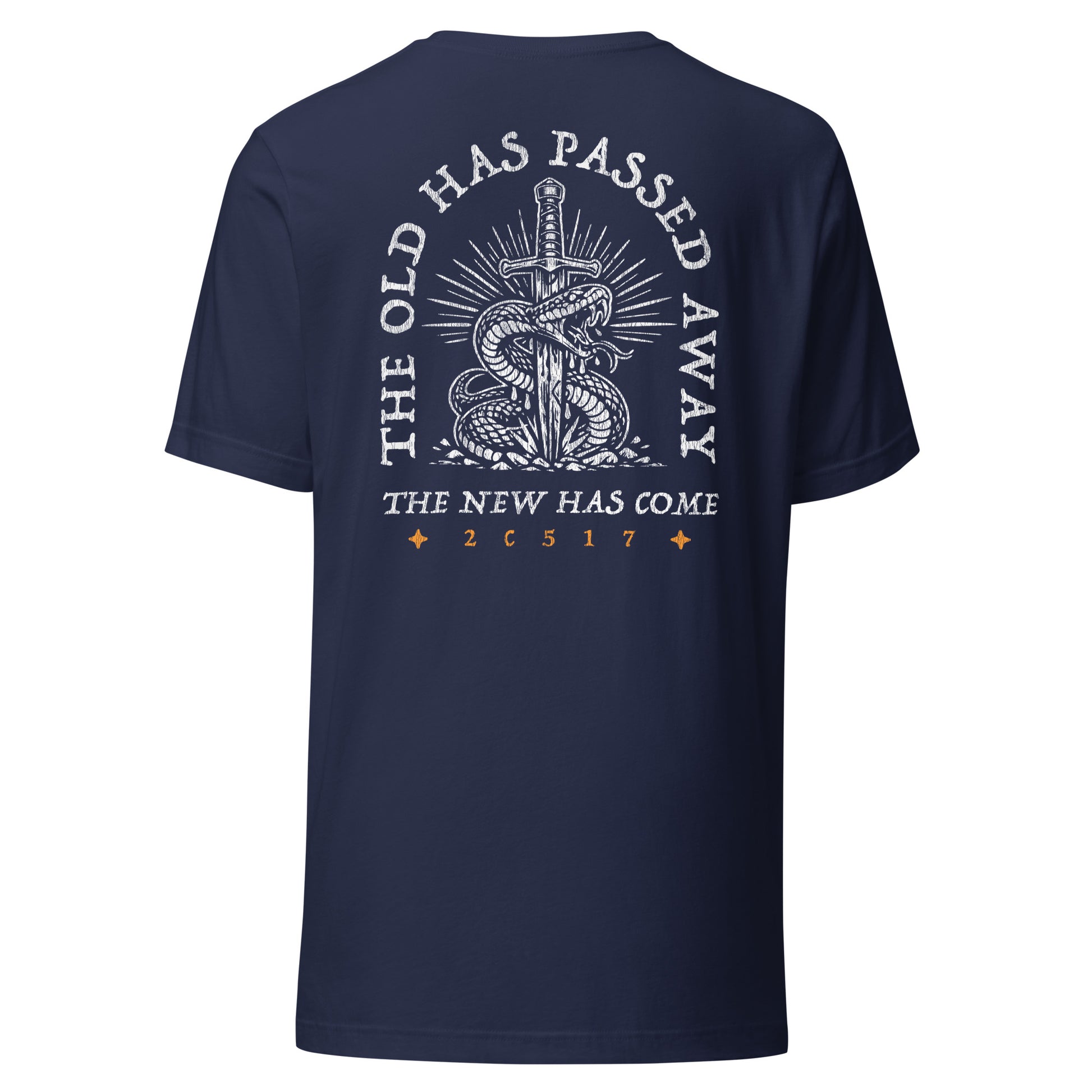 Navy men's Christian graphic tee with sword and serpent design — The Old Has Passed Away, 2 Corinthians 5:17 (2C517)