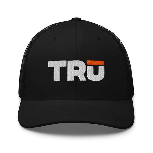 TRŪ Logo Trucker Hat in black — embroidered Christian men's faith snapback cap | TRŪ Wear