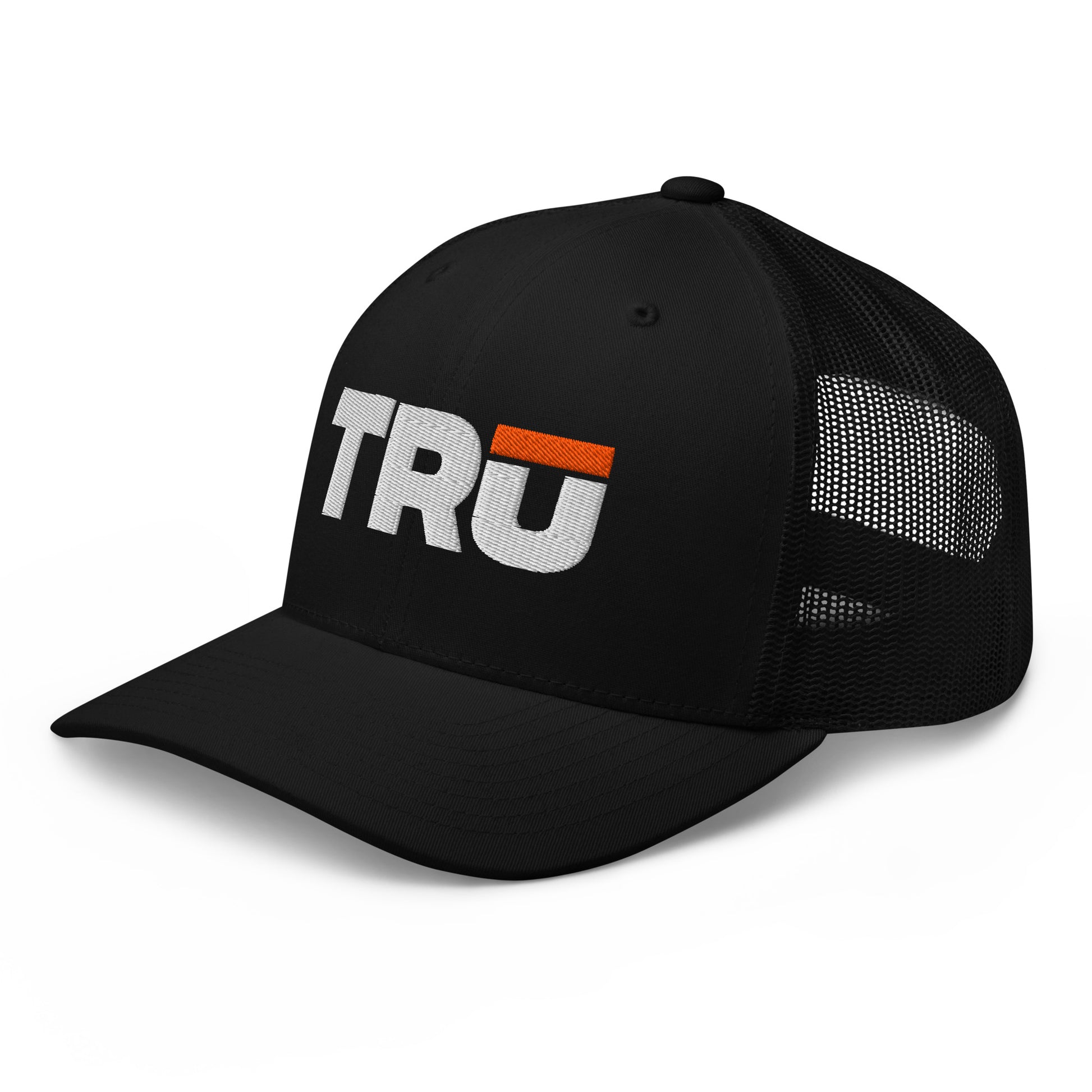 TRŪ Logo Trucker Hat in black — embroidered Christian men's faith snapback cap | TRŪ Wear