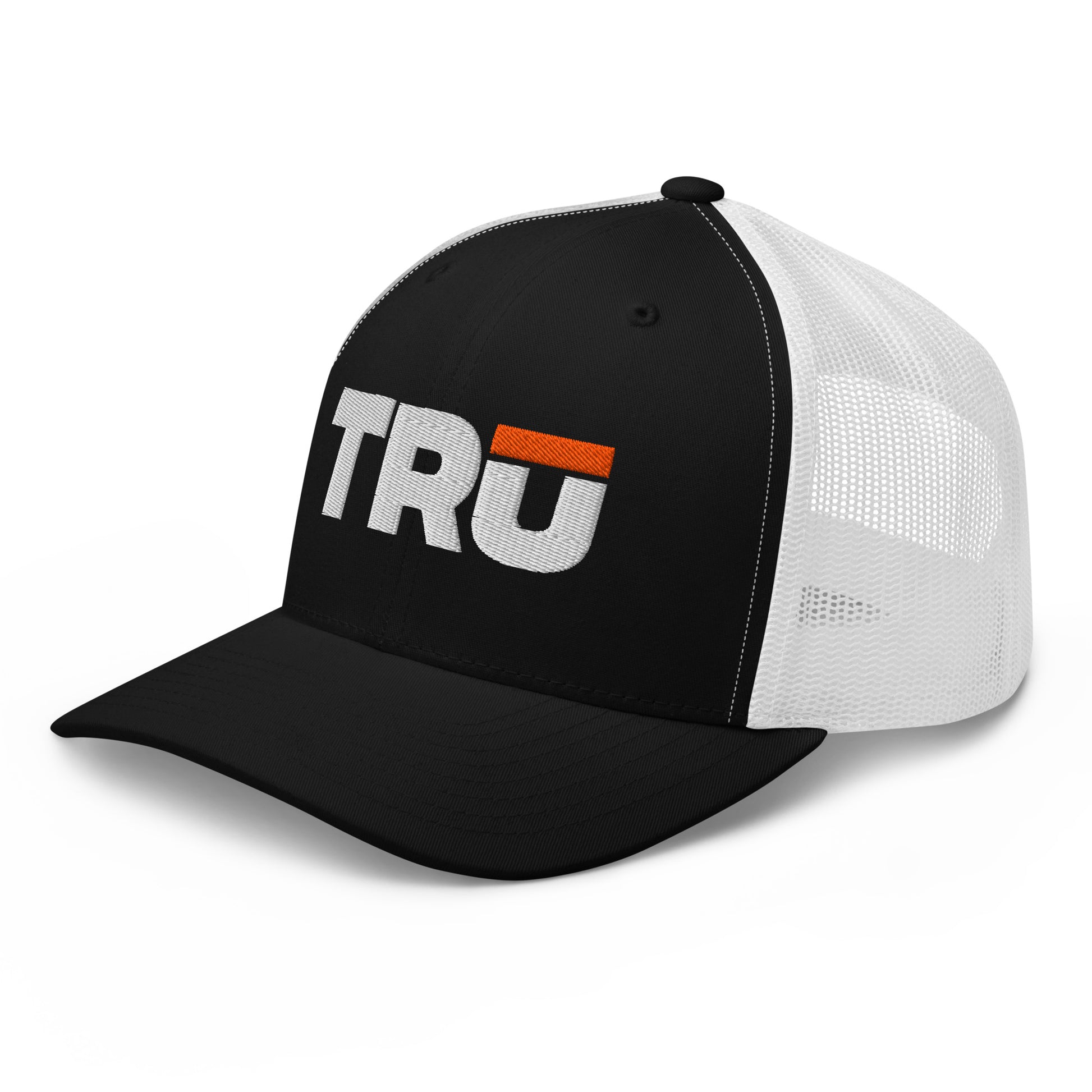 TRŪ Logo Trucker Hat in black and white — embroidered Christian men's faith snapback cap | TRŪ Wear