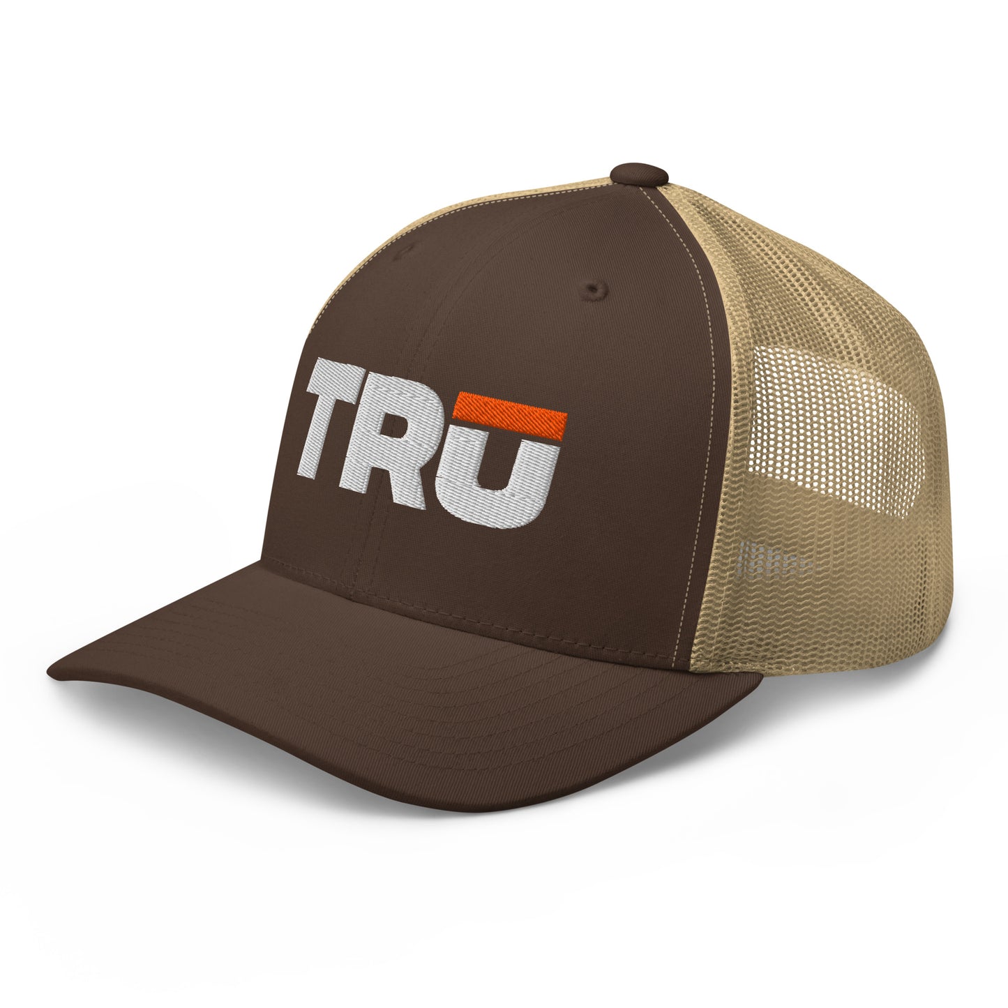 TRŪ Logo Trucker Hat in brown and khaki — embroidered Christian men's faith snapback cap | TRŪ Wear