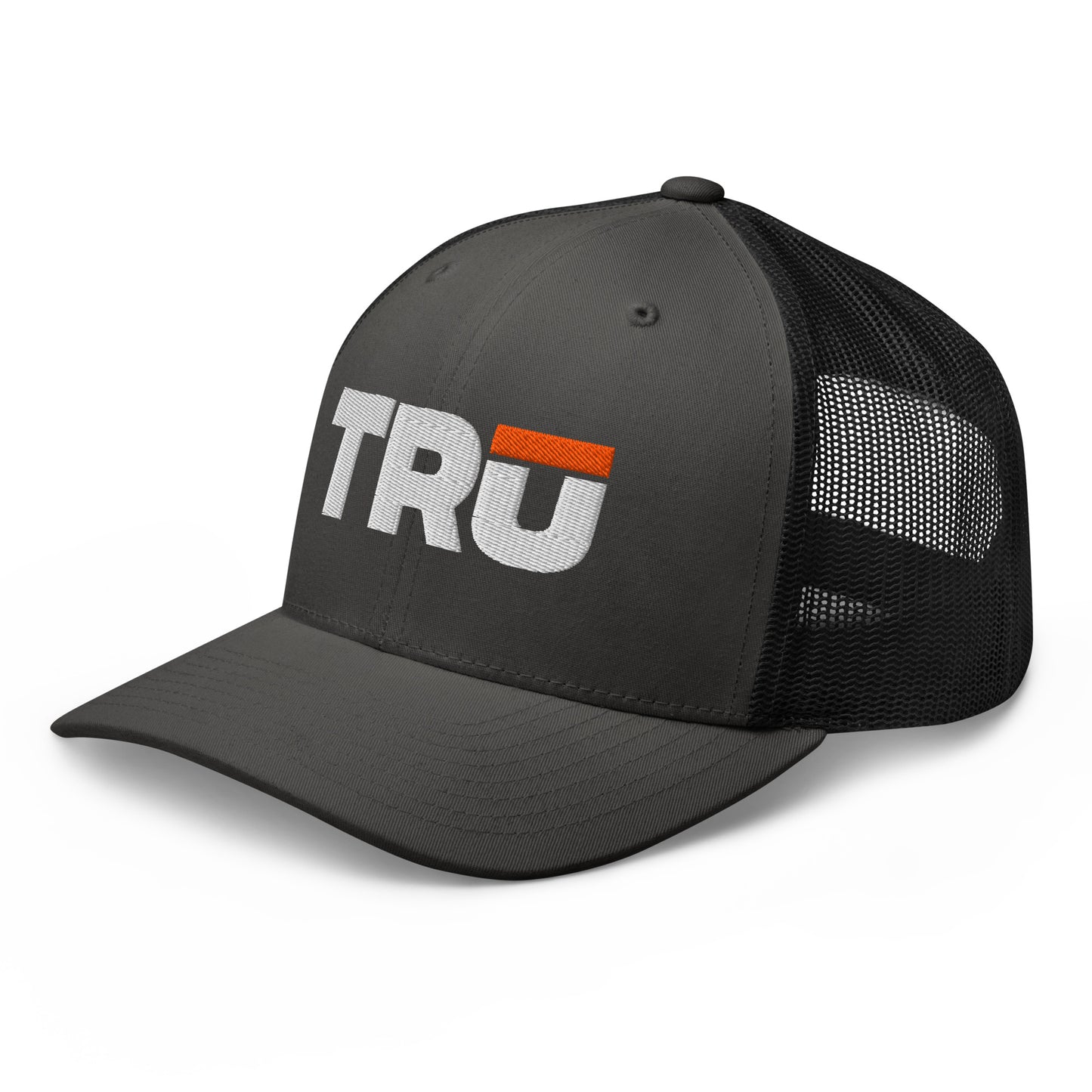 TRŪ Logo Trucker Hat in charcoal and black — embroidered Christian men's faith snapback cap | TRŪ Wear