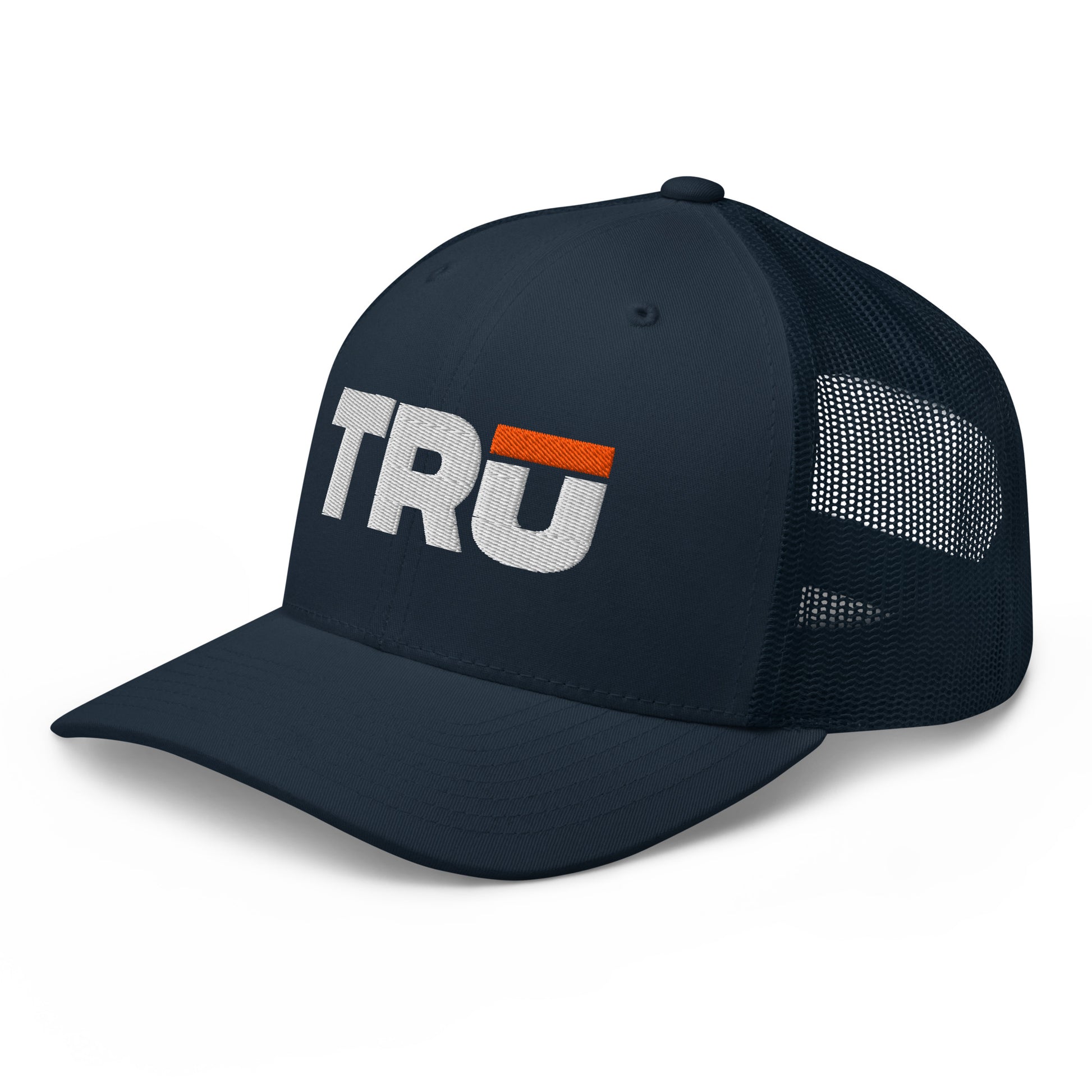 TRŪ Logo Trucker Hat in navy — embroidered Christian men's faith snapback cap | TRŪ Wear