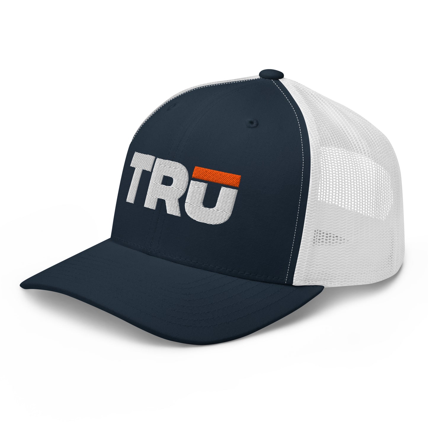 TRŪ Logo Trucker Hat in navy and white — embroidered Christian men's faith snapback cap | TRŪ Wear