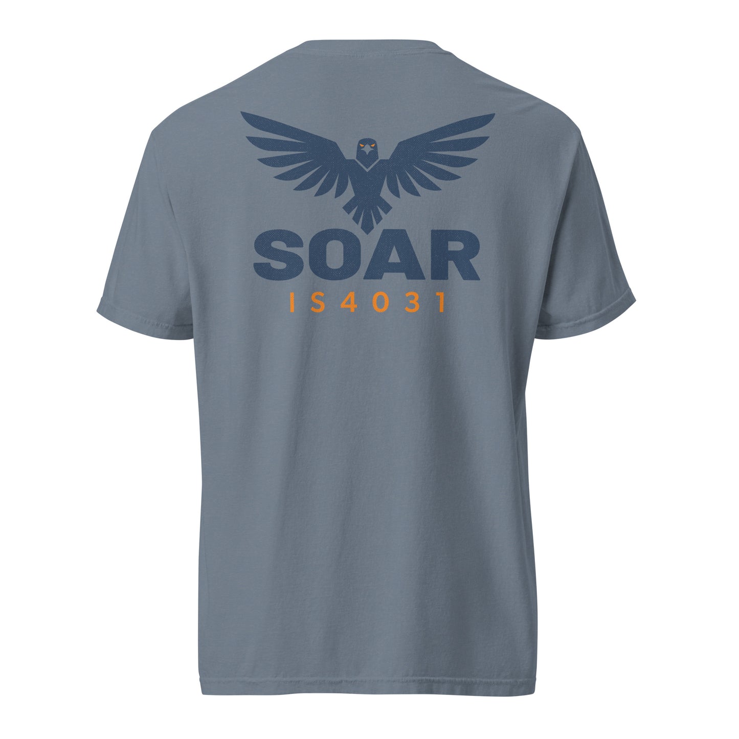 TRŪ Wear SOAR Garment-Dyed Heavyweight Tee in Blue Jean — back view showing ascending eagle mark with spread wings, bold SOAR graphic in navy, and IS4031 verse code in orange on Comfort Colors 1717