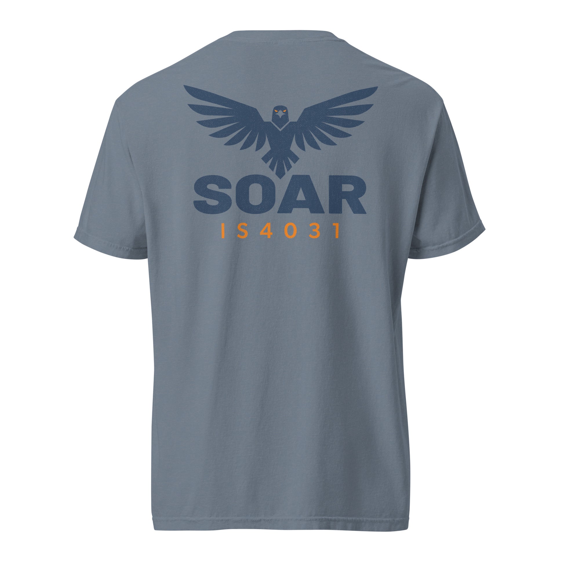 TRŪ Wear SOAR Garment-Dyed Heavyweight Tee in Blue Jean — back view showing ascending eagle mark with spread wings, bold SOAR graphic in navy, and IS4031 verse code in orange on Comfort Colors 1717