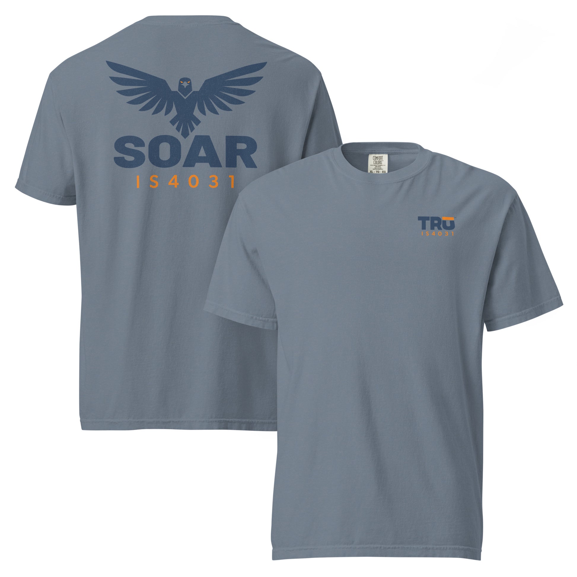 TRŪ Wear SOAR Garment-Dyed Heavyweight Tee in Blue Jean — front and back view showing TRŪ logo with IS4031 verse code on left chest, and eagle mark with SOAR graphic and IS4031 verse code on back, Comfort Colors 1717