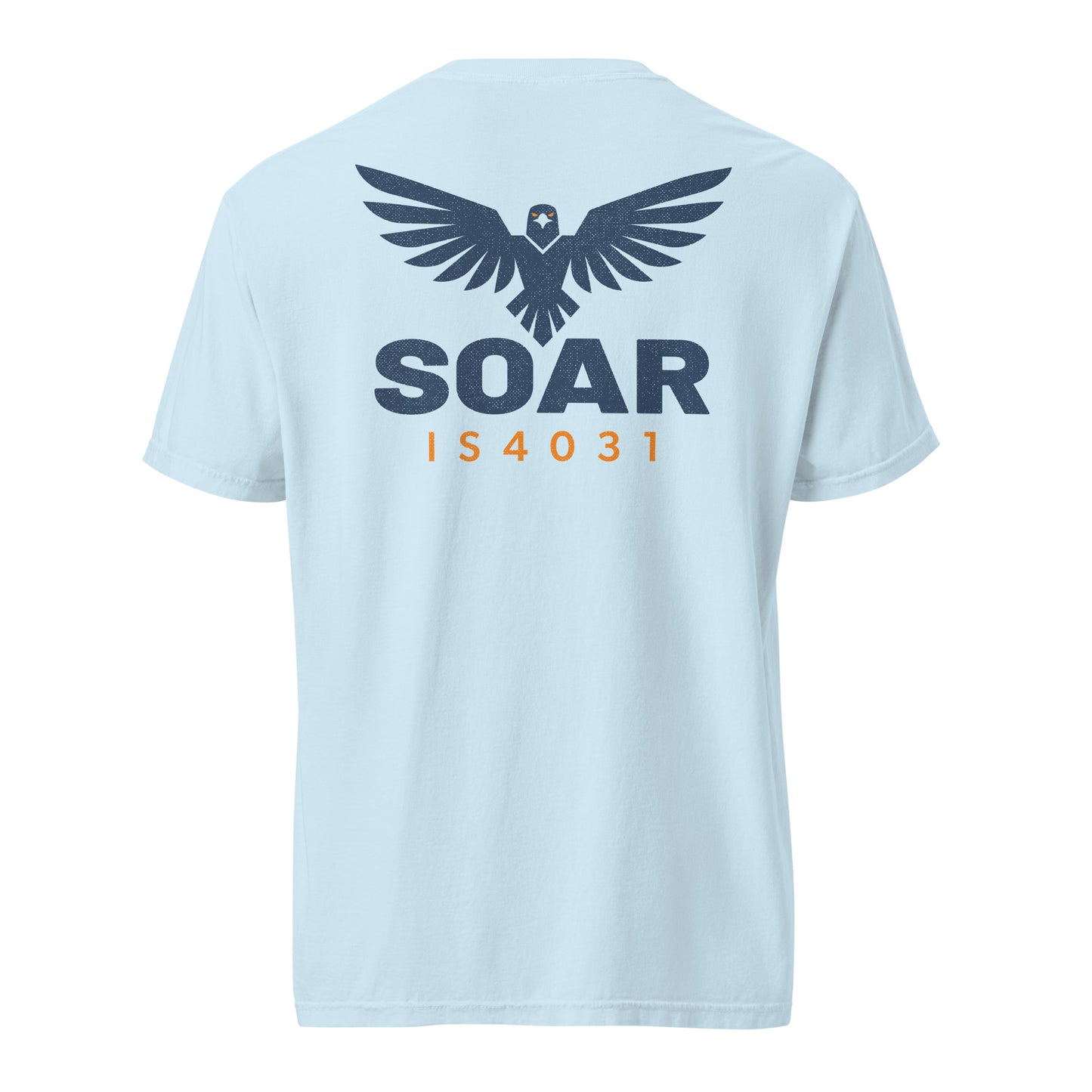 TRŪ Wear SOAR Garment-Dyed Heavyweight Tee in Chambray — back view showing ascending eagle mark with spread wings, bold SOAR graphic in navy, and IS4031 verse code in orange on Comfort Colors 1717