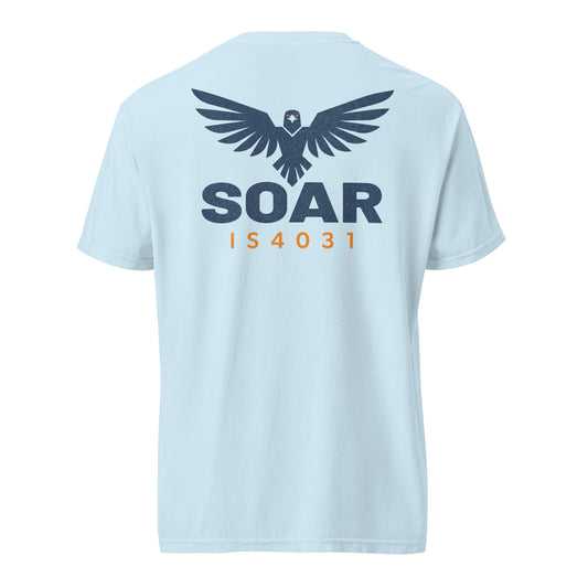 TRŪ Wear SOAR Garment-Dyed Heavyweight Tee in Chambray — back view showing ascending eagle mark with spread wings, bold SOAR graphic in navy, and IS4031 verse code in orange on Comfort Colors 1717